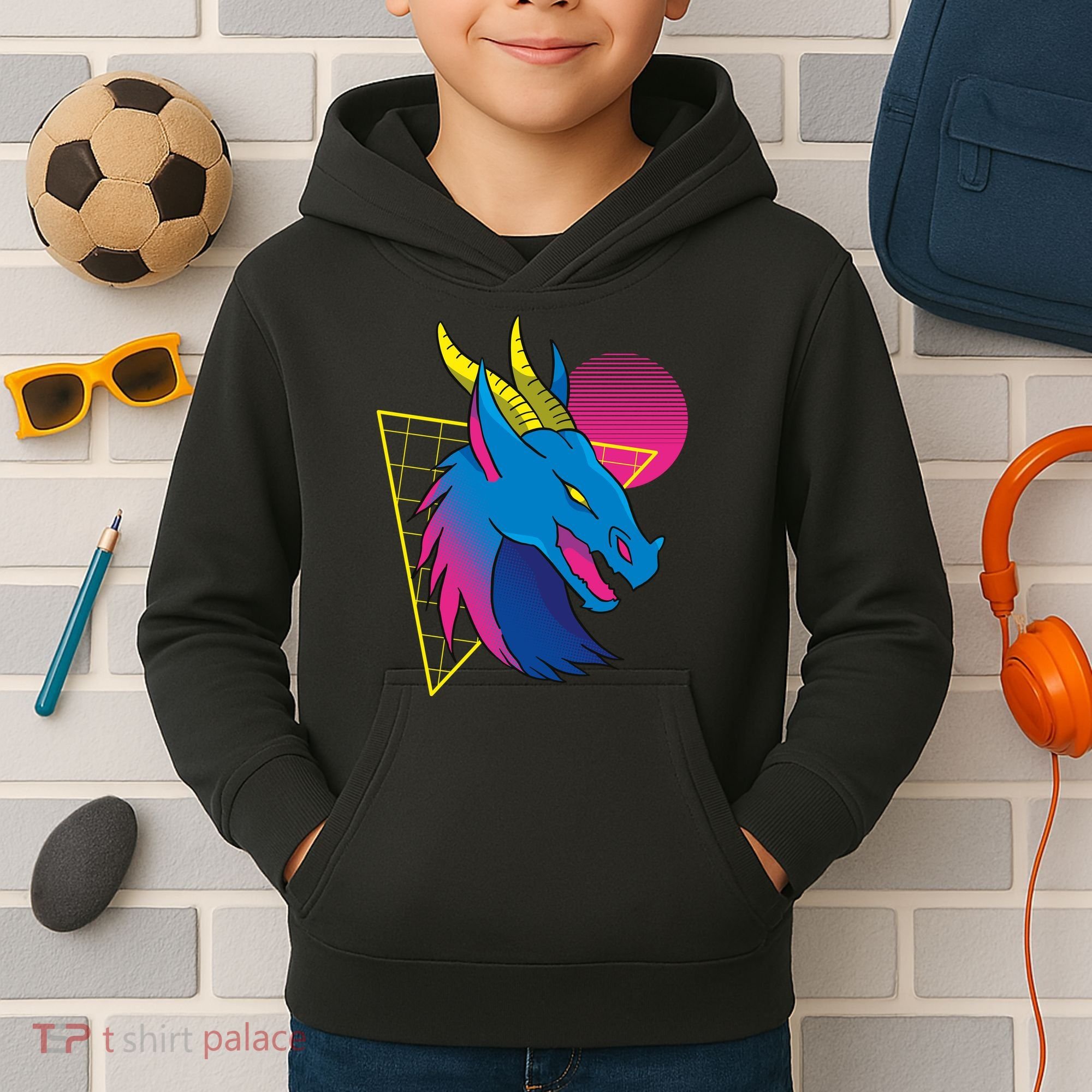 Neon Dragon Face Kids Hoodie