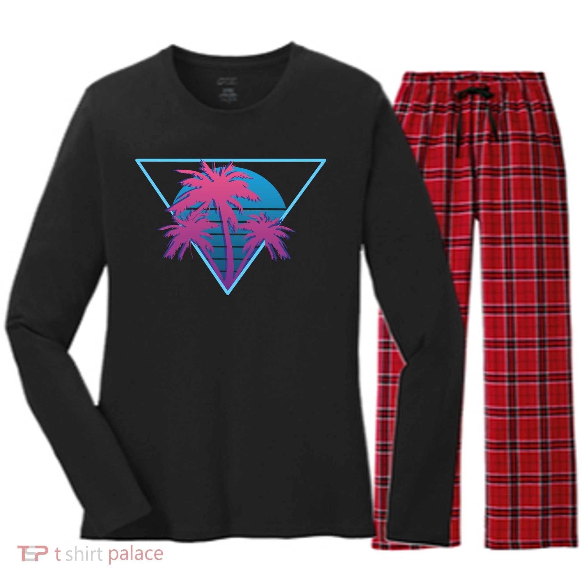 Neon Palm Trees Women's Long Sleeve Flannel Pajama Set 