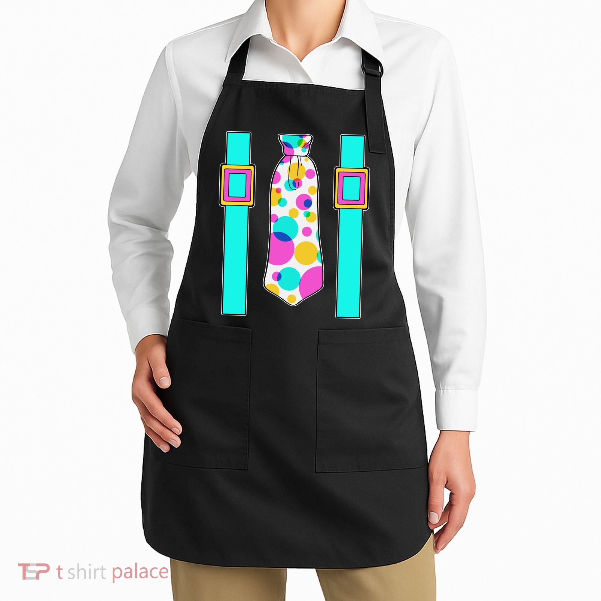 Neon Polka Dot 80s Party Tie And Suspenders Apron