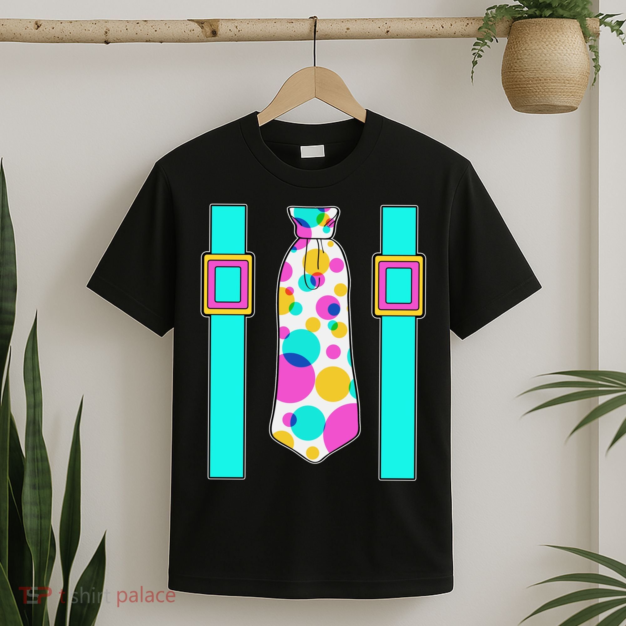 Neon Polka Dot 80s Party Tie And Suspenders T-Shirt