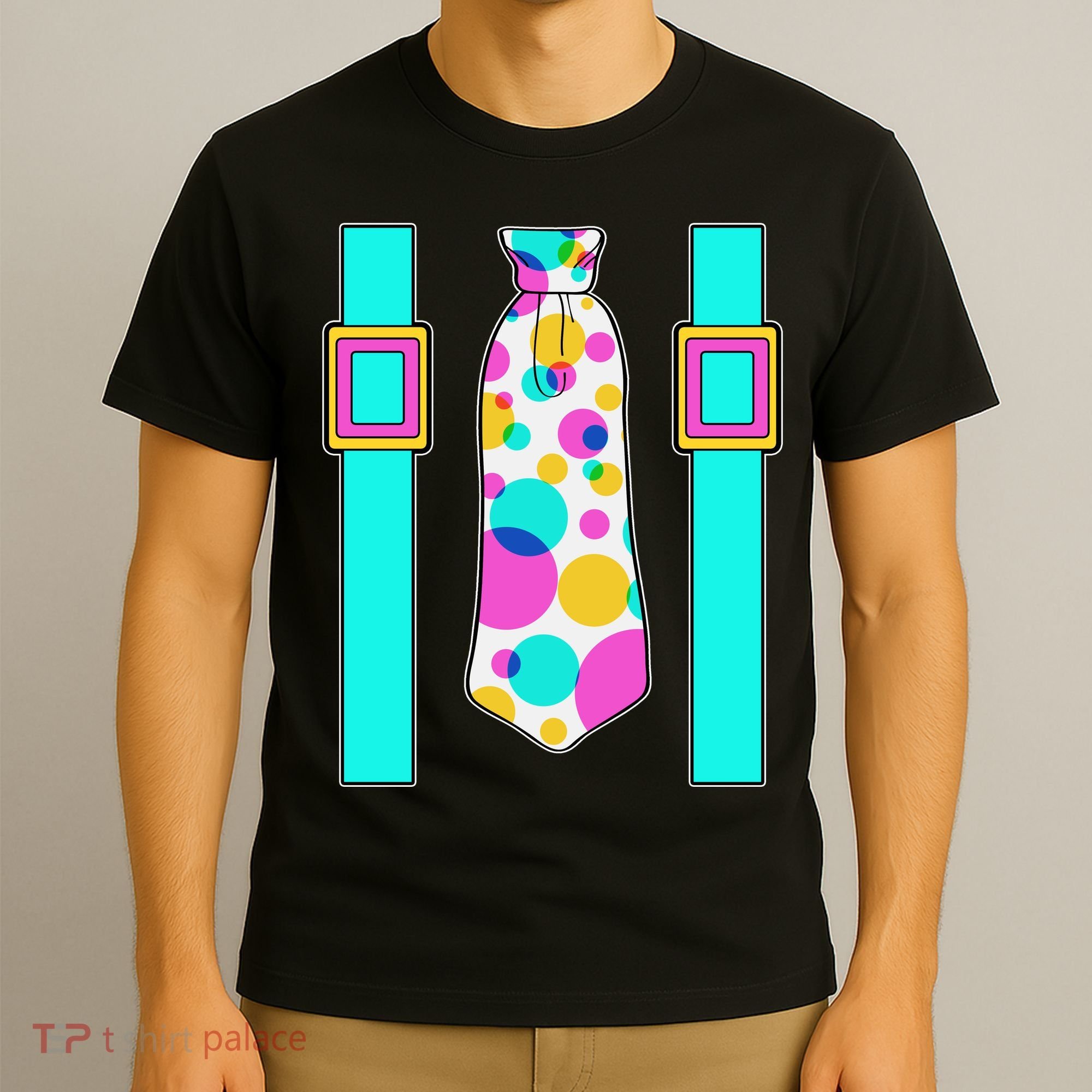 Neon Polka Dot 80s Party Tie And Suspenders T-Shirt
