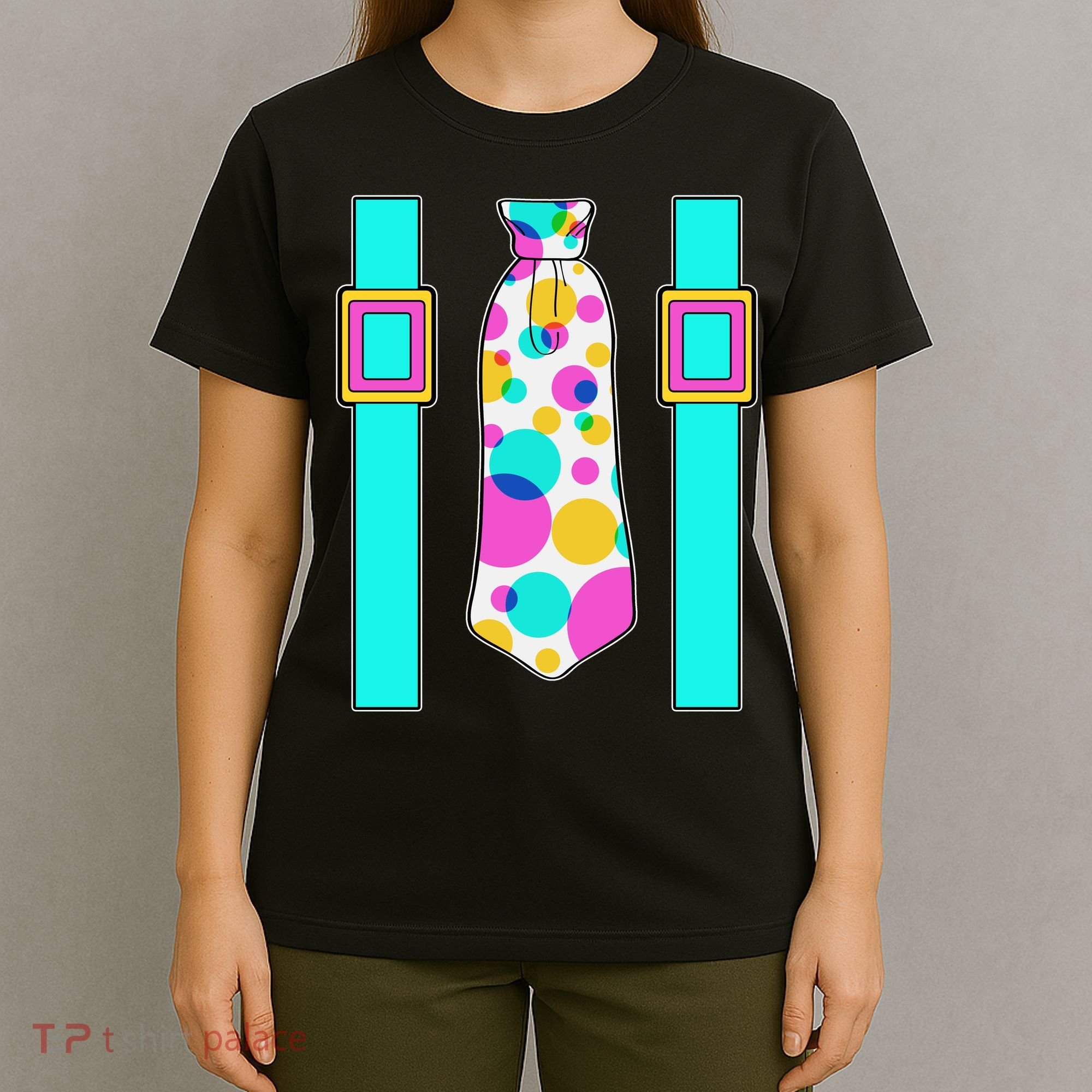 Neon Polka Dot 80s Party Tie And Suspenders T-Shirt