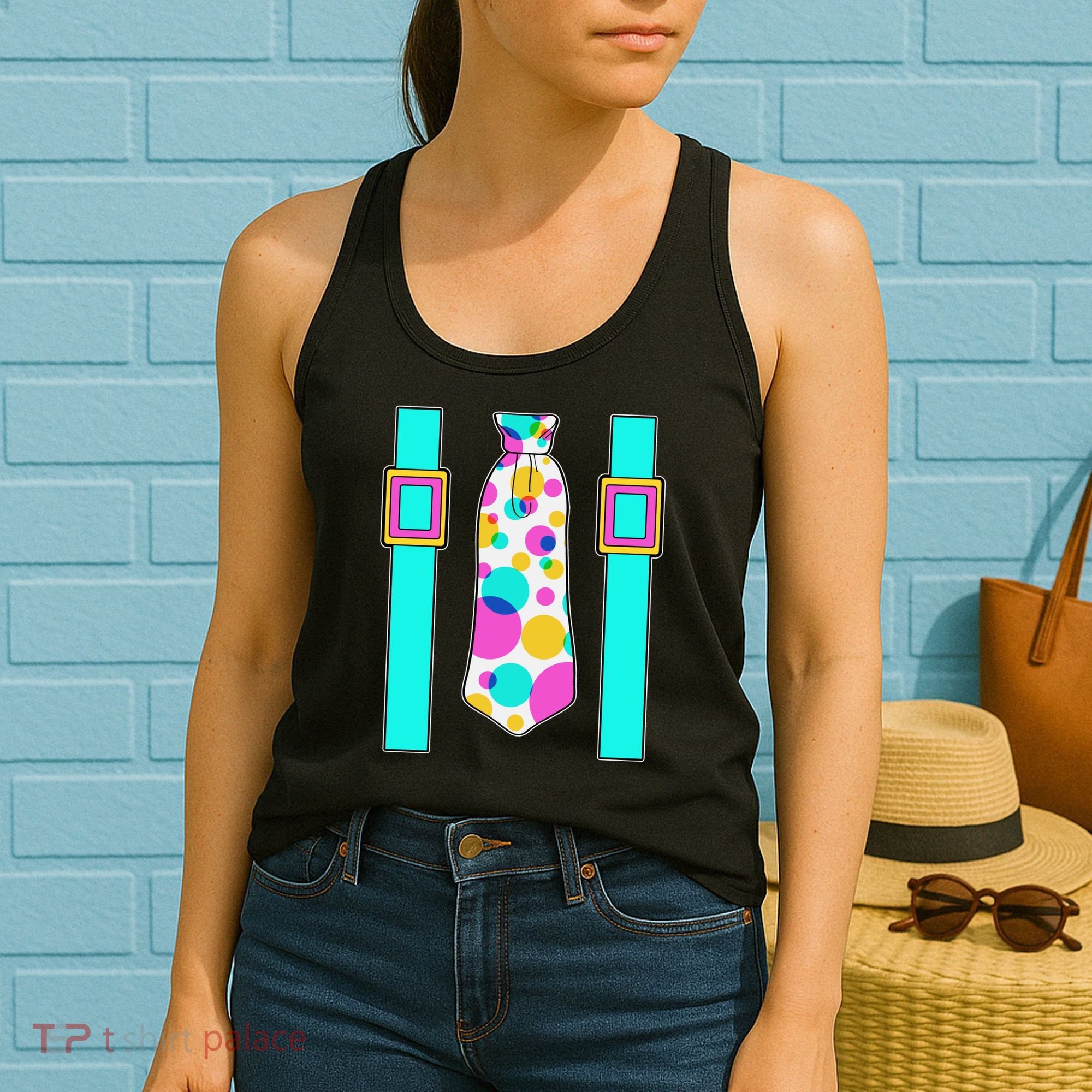 Neon Polka Dot 80s Party Tie And Suspenders Women's Tank Top