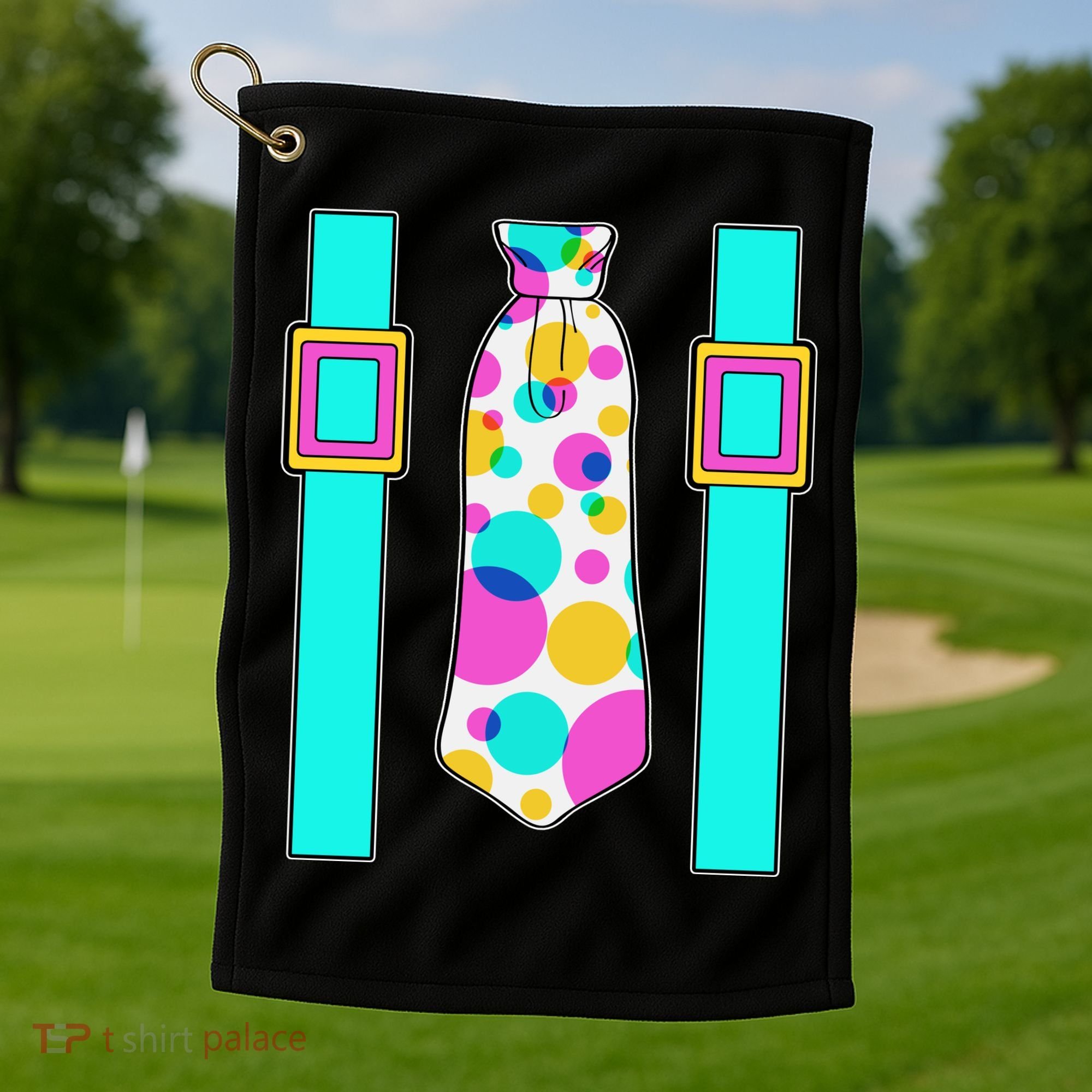 Neon Polka Dot 80s Party Tie And Suspenders Golf Towel