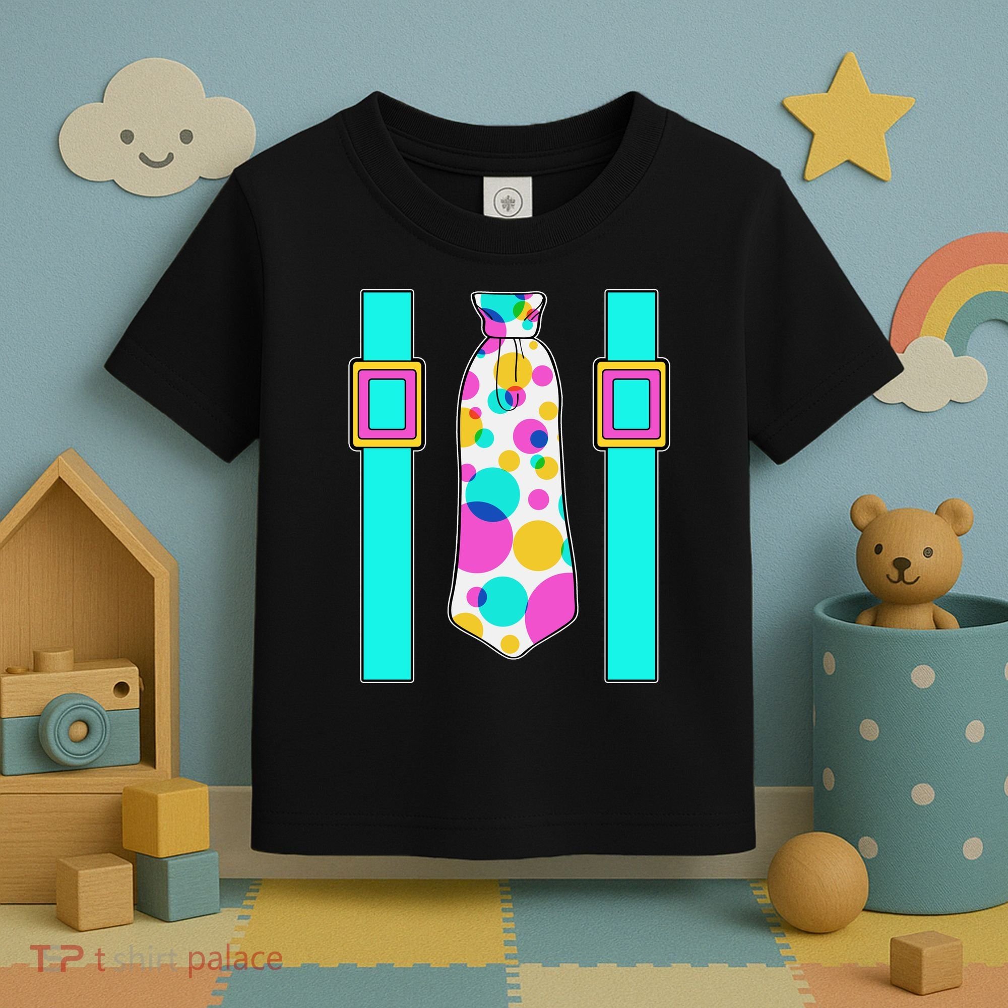 Neon Polka Dot 80s Party Tie And Suspenders Toddler T-Shirt