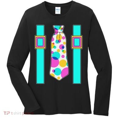 Neon Polka Dot 80s Party Tie And Suspenders Women's Long Sleeve Shirt