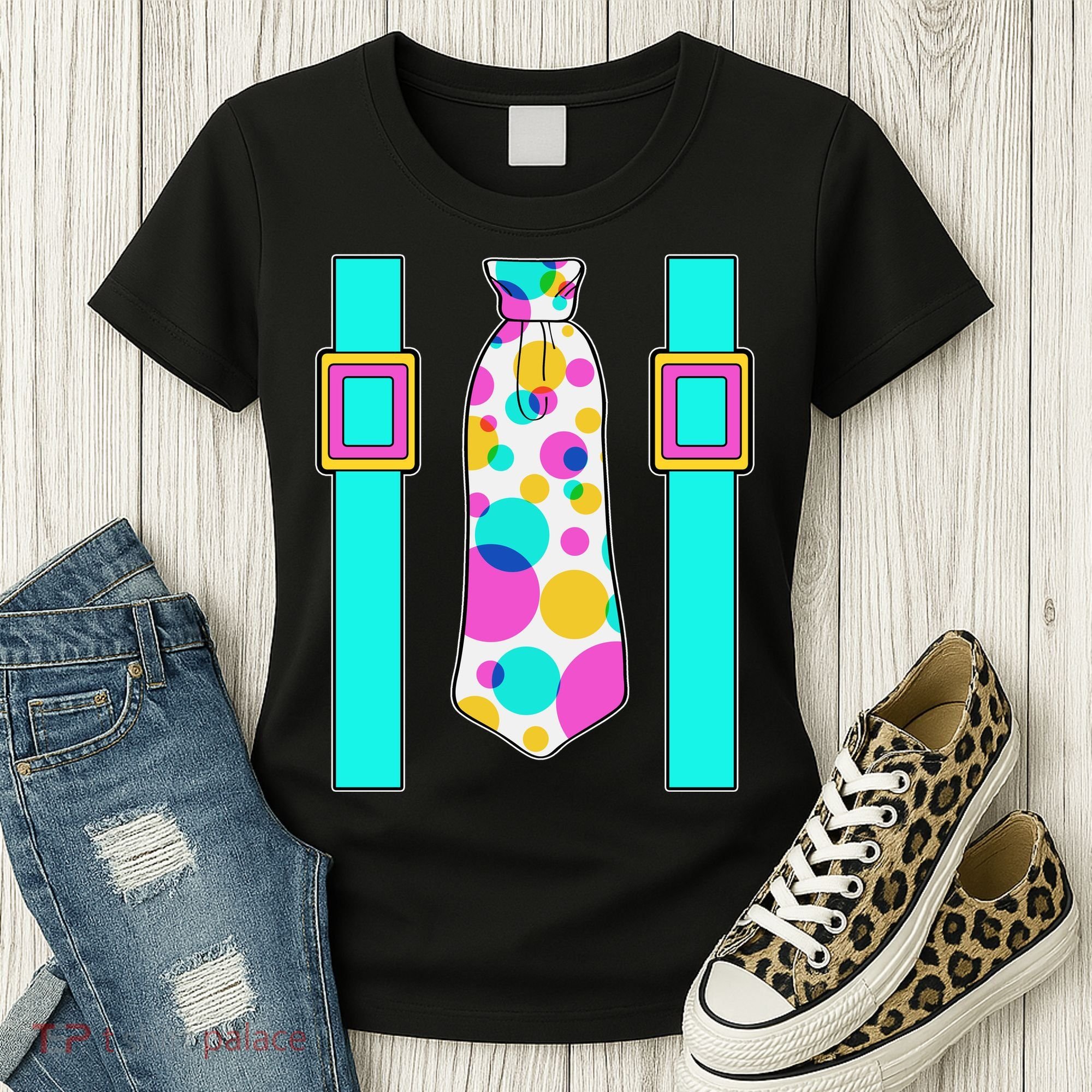 Neon Polka Dot 80s Party Tie And Suspenders Women's T-Shirt
