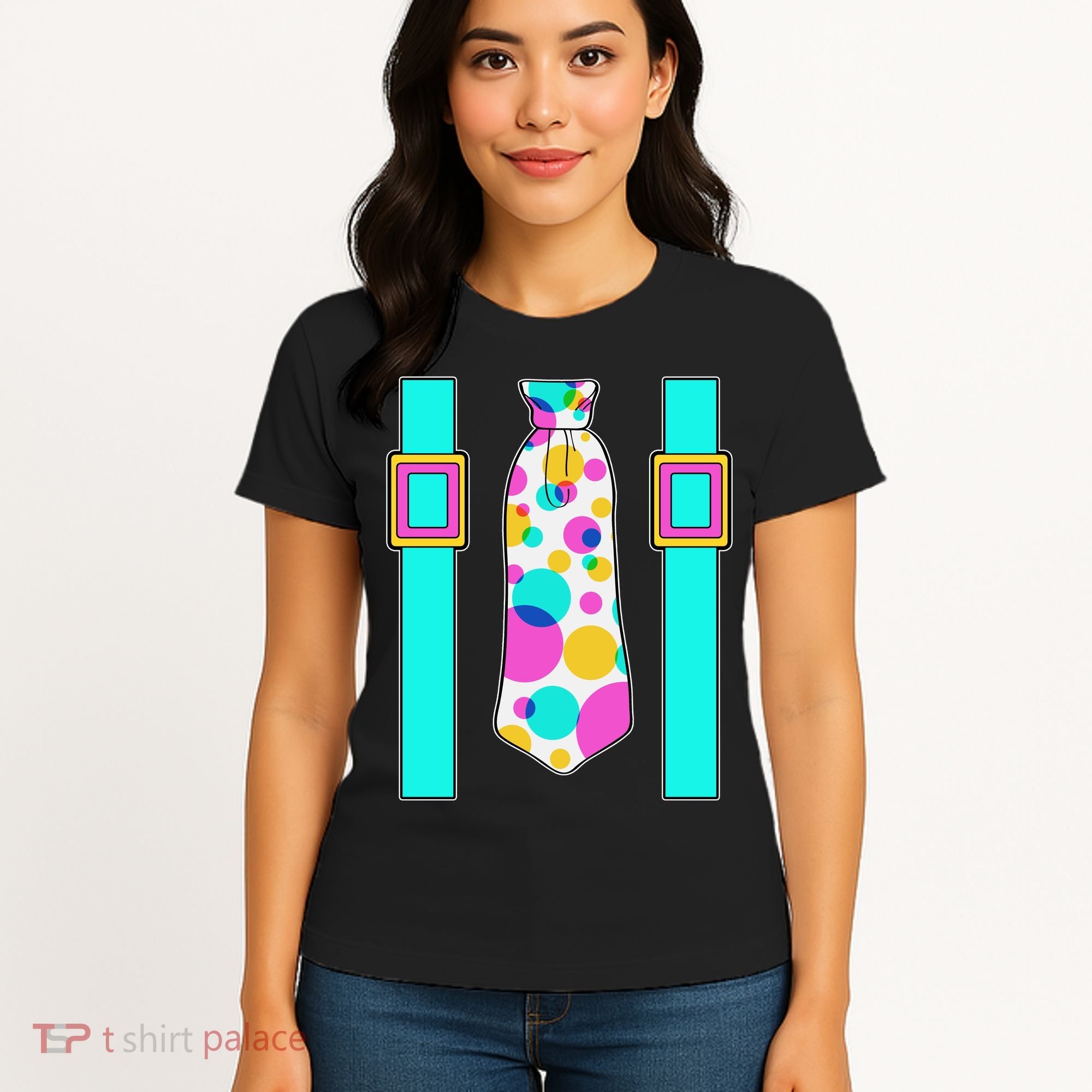 Neon Polka Dot 80s Party Tie And Suspenders Women's T-Shirt