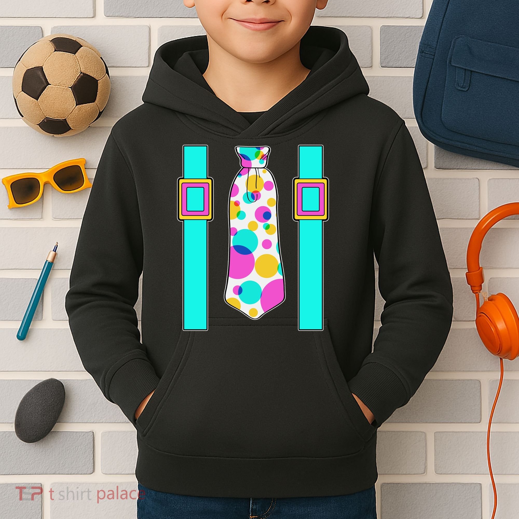 Neon Polka Dot 80s Party Tie And Suspenders Kids Hoodie