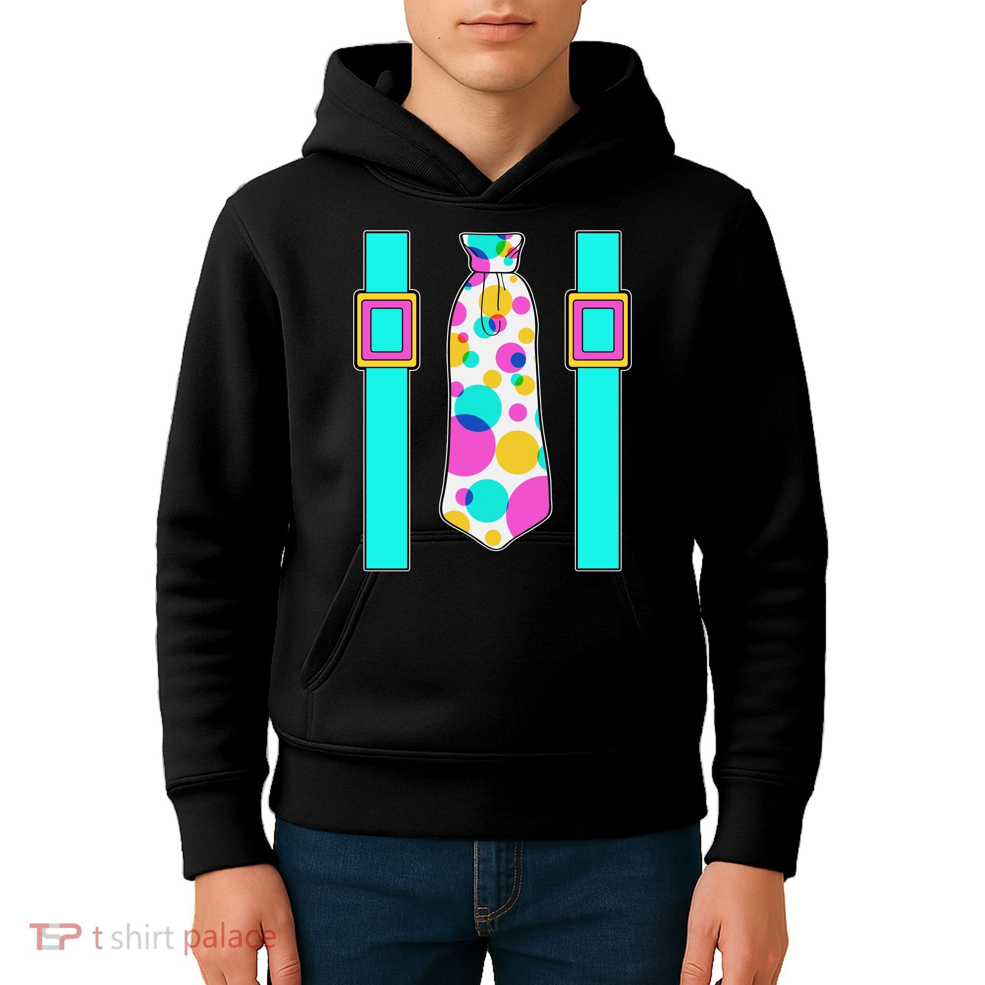 Neon Polka Dot 80s Party Tie And Suspenders Kids Hoodie