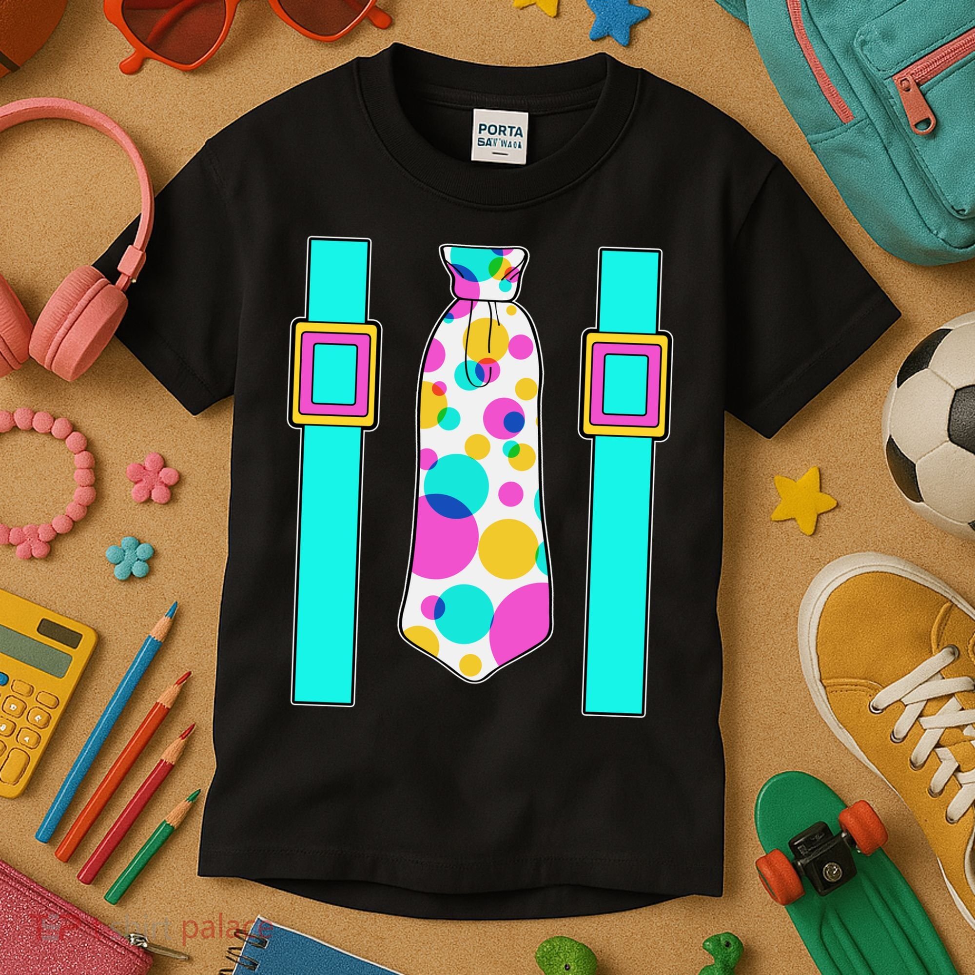 Neon Polka Dot 80s Party Tie And Suspenders Kids T-Shirt