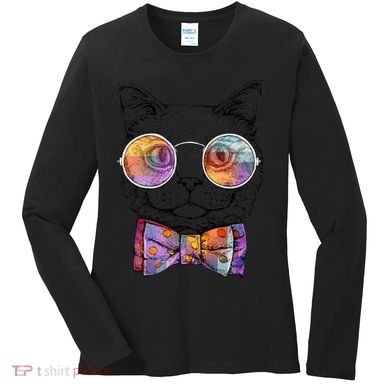 Nerd Cat With Glasses and Bow Tie Women's Long Sleeve Shirt
