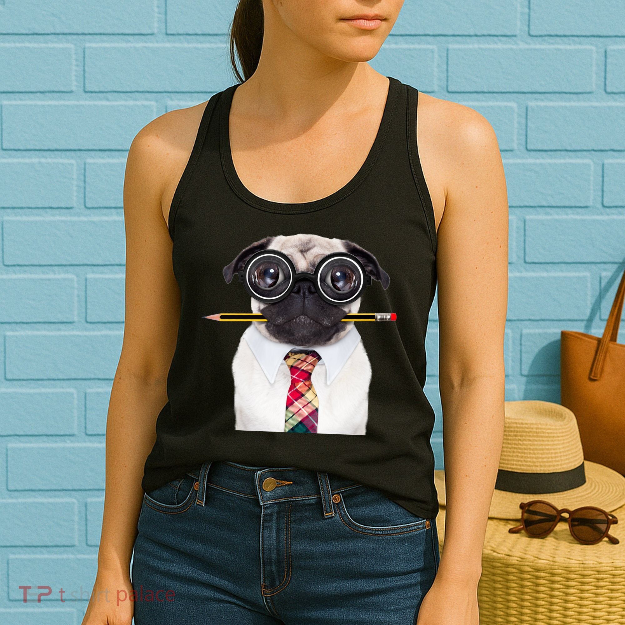 Nerdy Pug Dog With Glasses Women's Tank Top