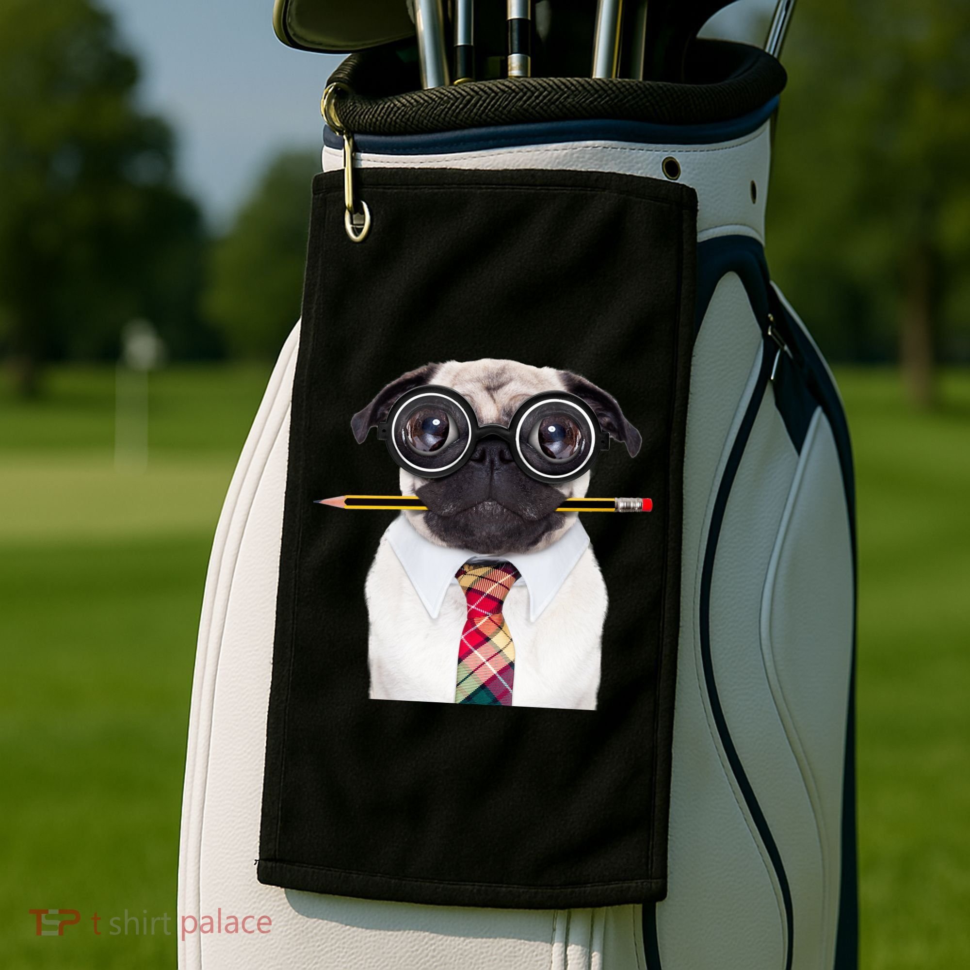 Nerdy Pug Dog With Glasses Golf Towel