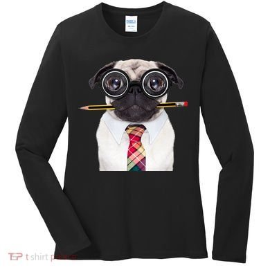 Nerdy Pug Dog With Glasses Women's Long Sleeve Shirt