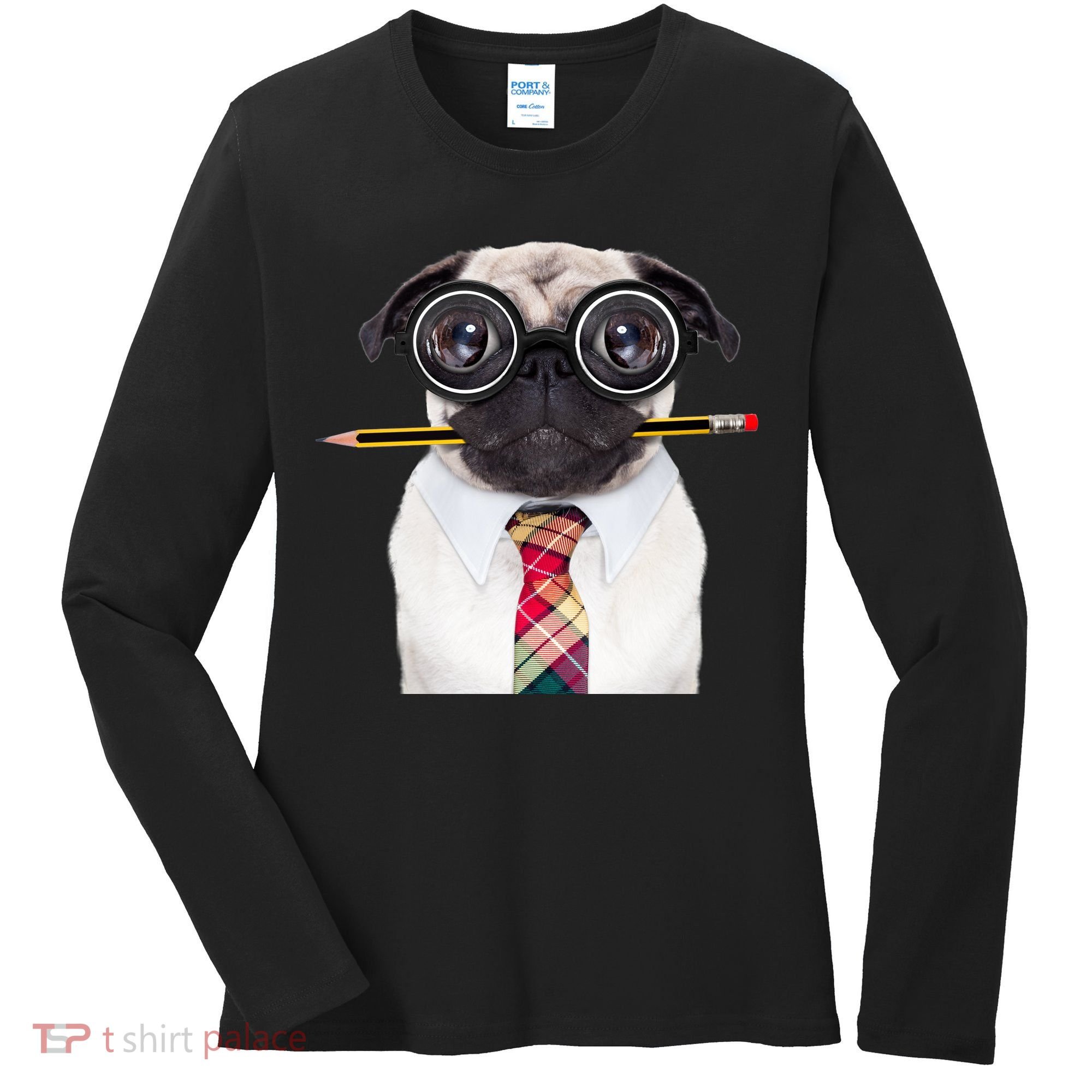Nerdy Pug Dog With Glasses Women's Long Sleeve Shirt