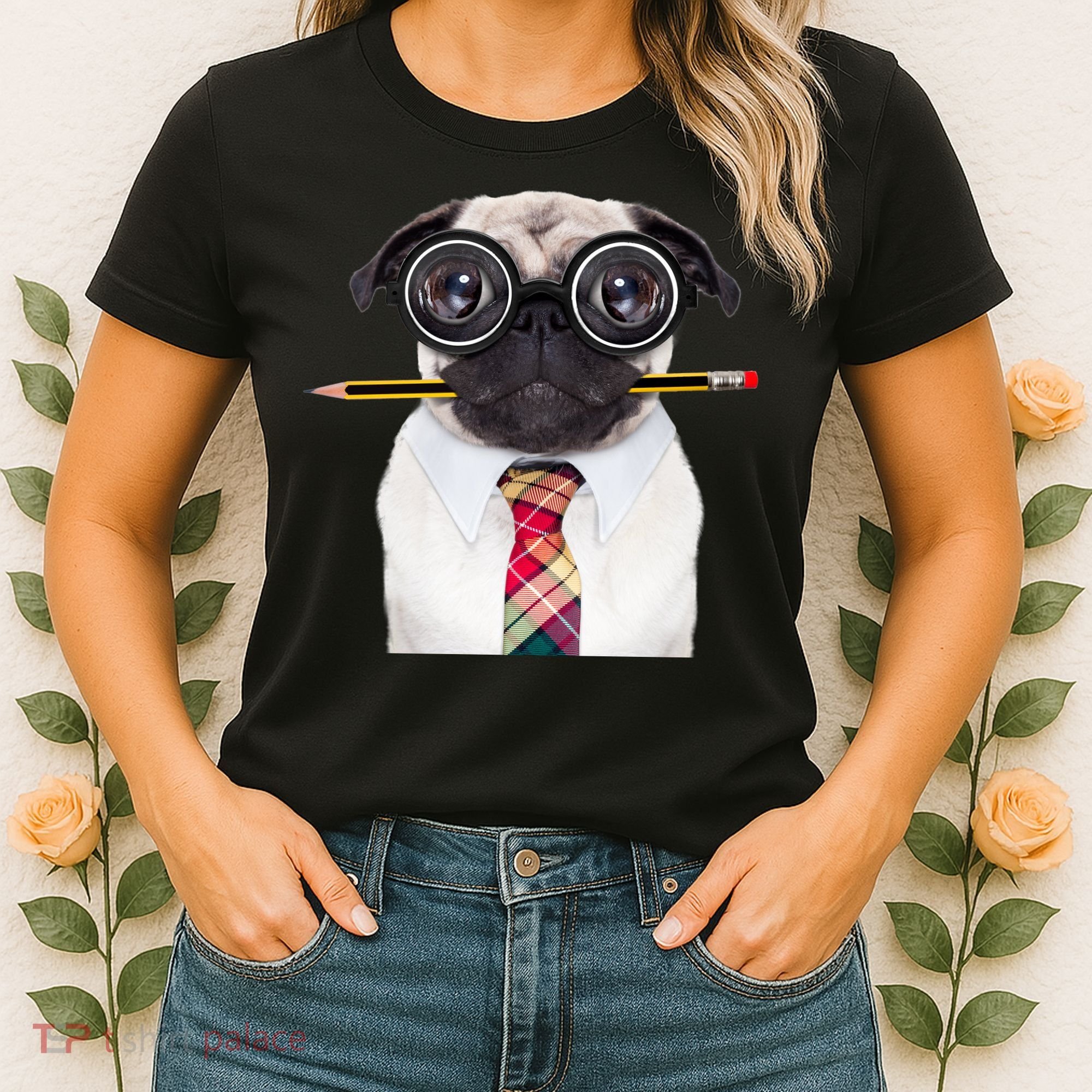 Nerdy Pug Dog With Glasses Women's T-Shirt