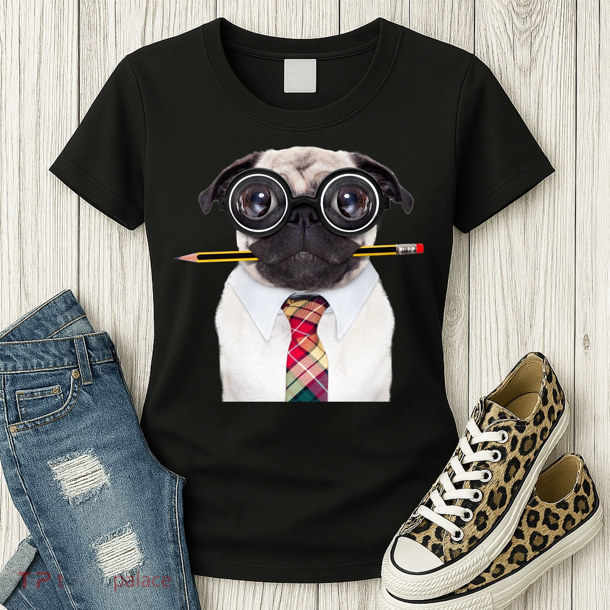 Nerdy Pug Dog With Glasses Women's T-Shirt