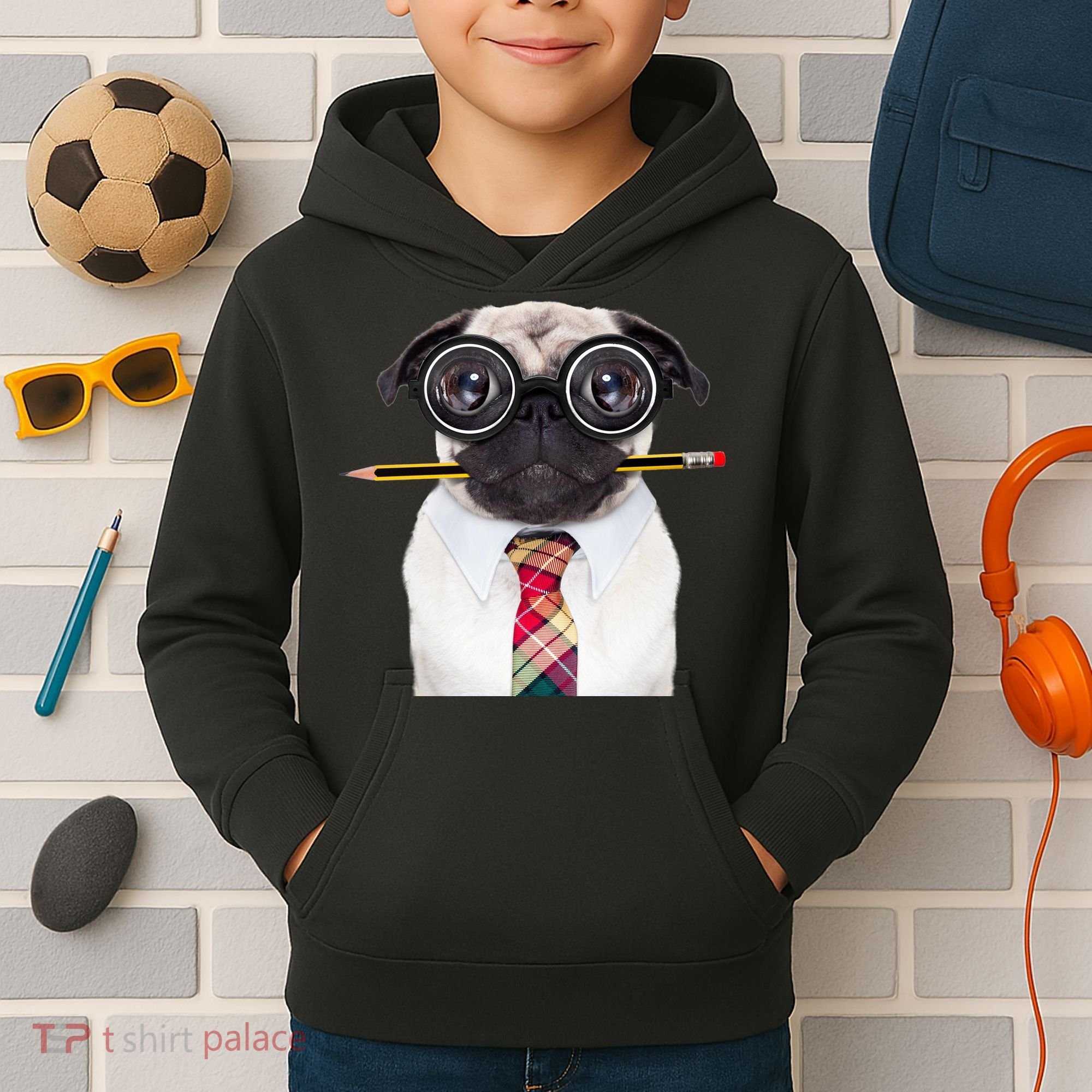 Nerdy Pug Dog With Glasses Kids Hoodie