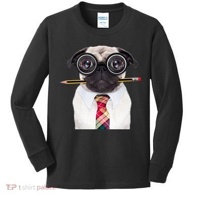 Nerdy Pug Dog With Glasses Kids Long Sleeve Shirt
