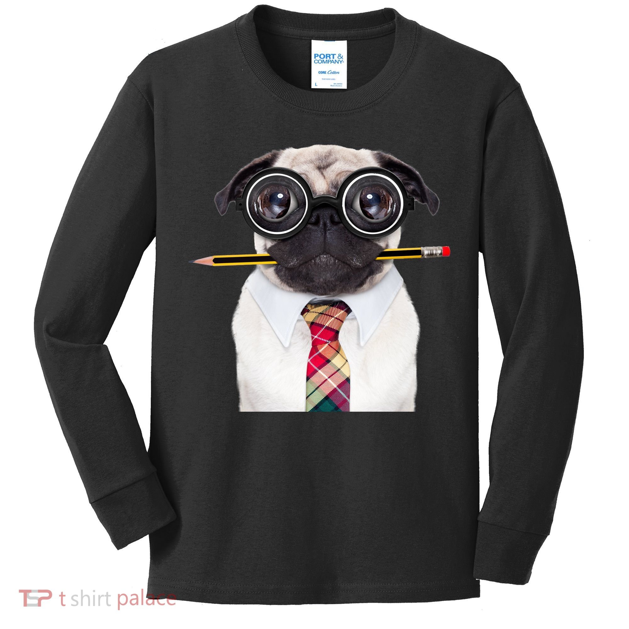 Nerdy Pug Dog With Glasses Kids Long Sleeve Shirt