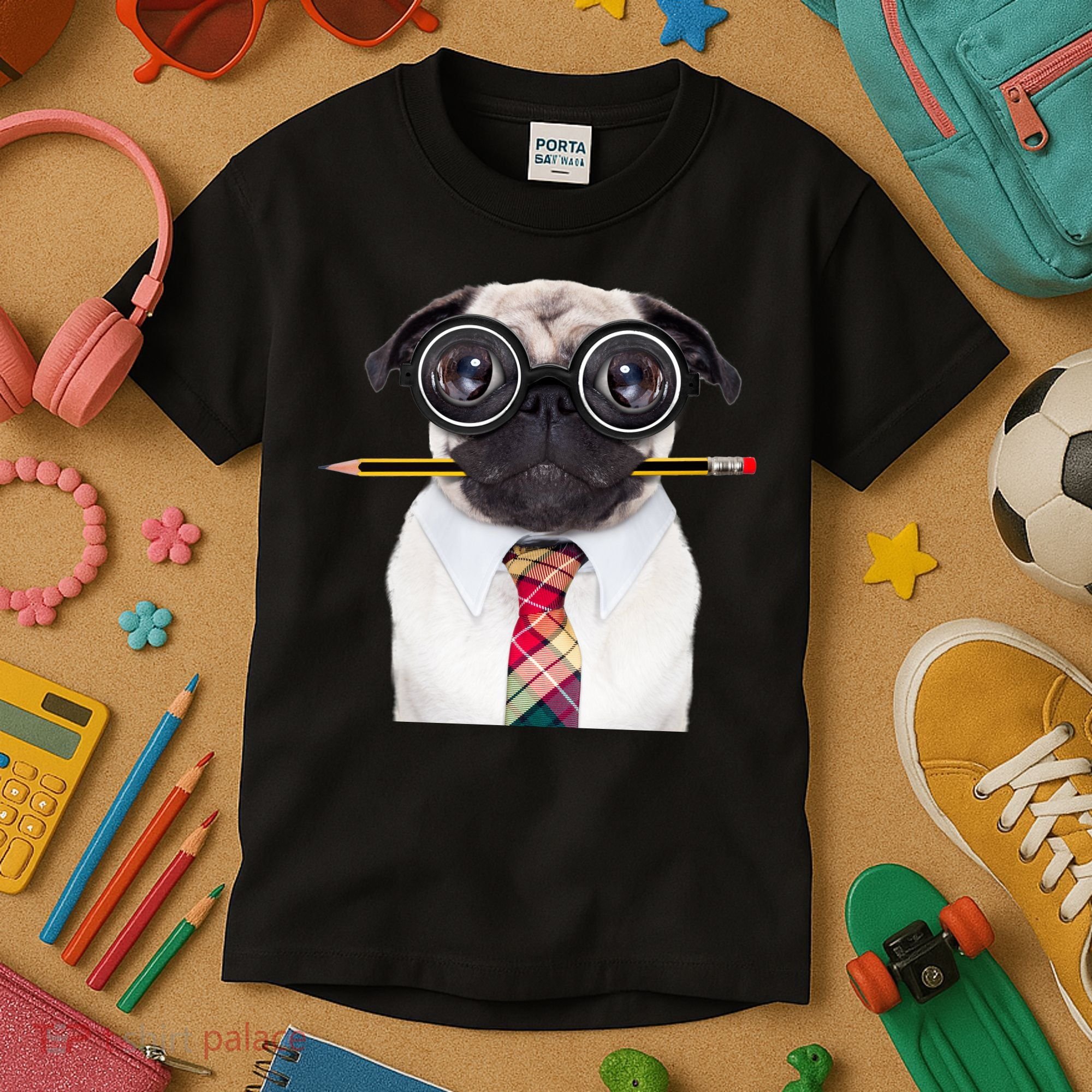 Nerdy Pug Dog With Glasses Kids T-Shirt