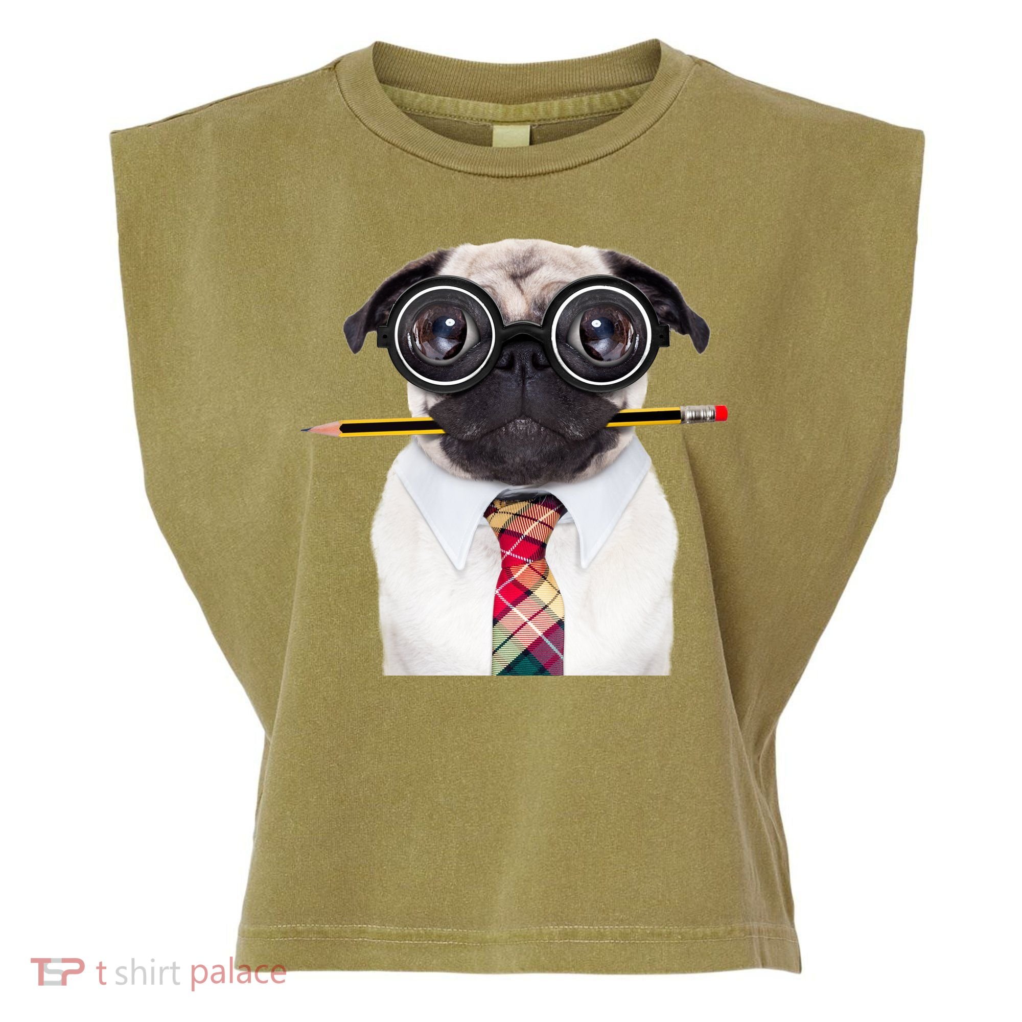 Nerdy Pug Dog With Glasses Garment-Dyed Women's Muscle Tee