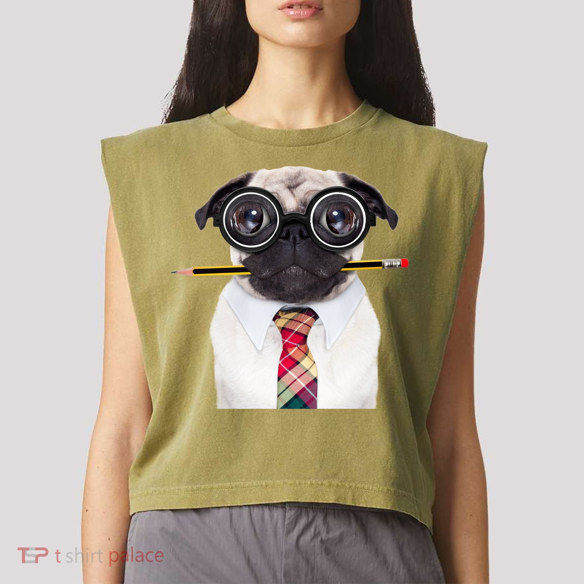 Nerdy Pug Dog With Glasses Garment-Dyed Women's Muscle Tee
