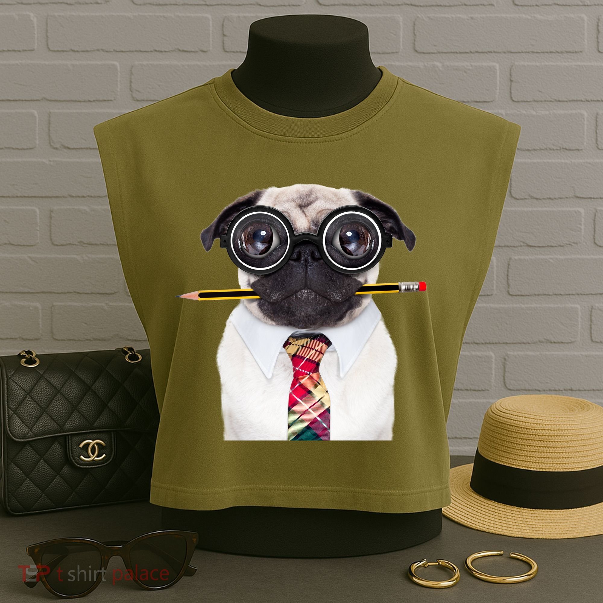 Nerdy Pug Dog With Glasses Garment-Dyed Women's Muscle Tee
