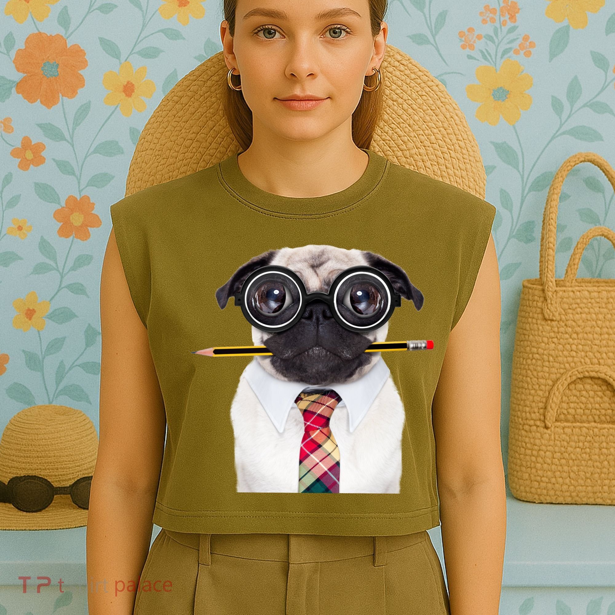 Nerdy Pug Dog With Glasses Garment-Dyed Women's Muscle Tee