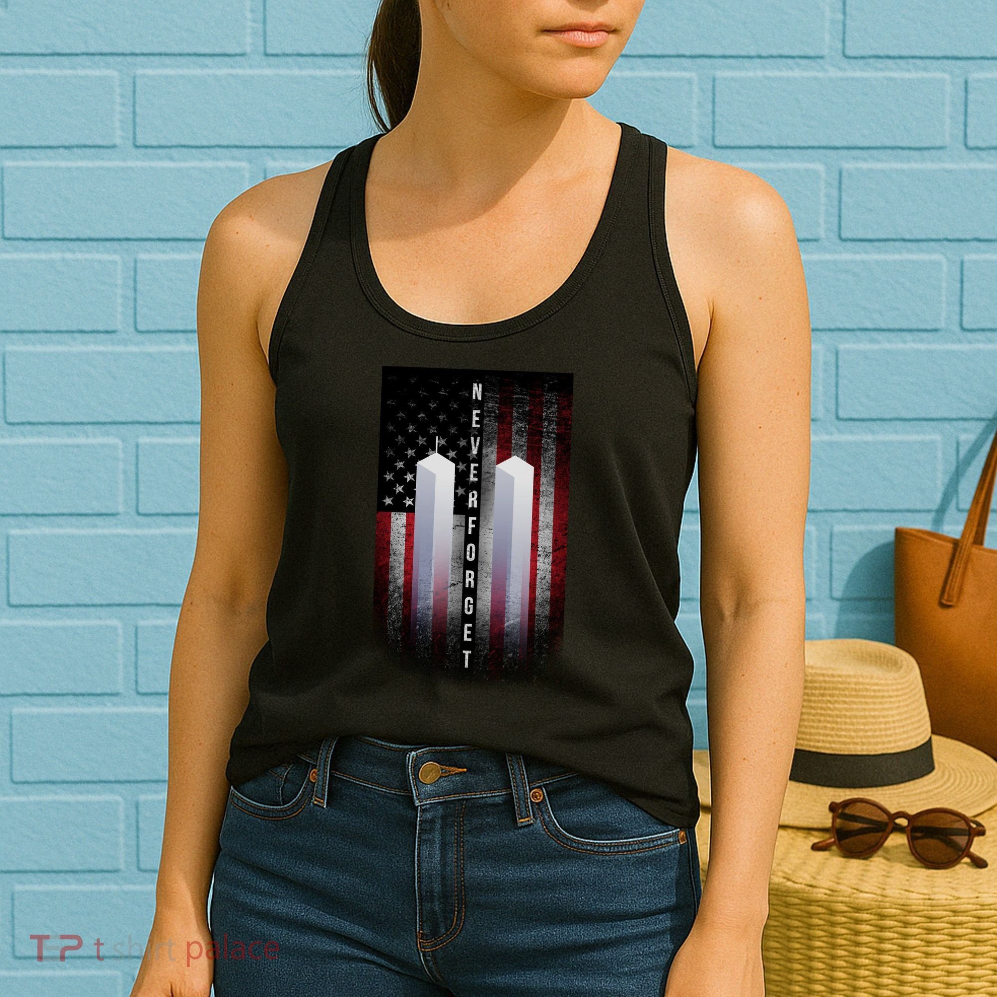 Never forget 9-11 Twin Towers American Flag Women's Tank Top