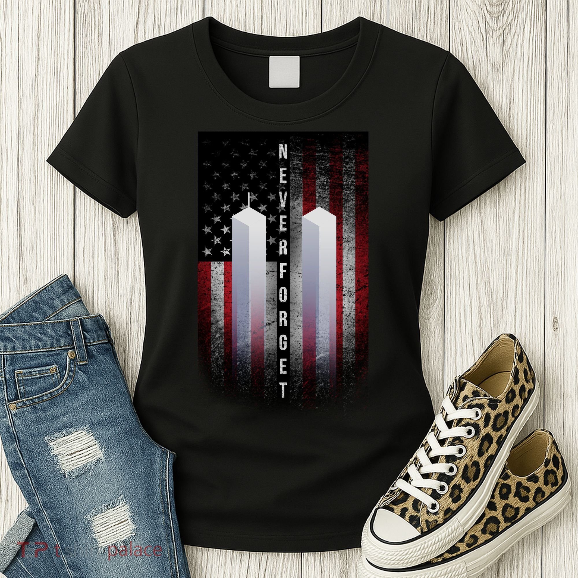 Never forget 9-11 Twin Towers American Flag Women's T-Shirt