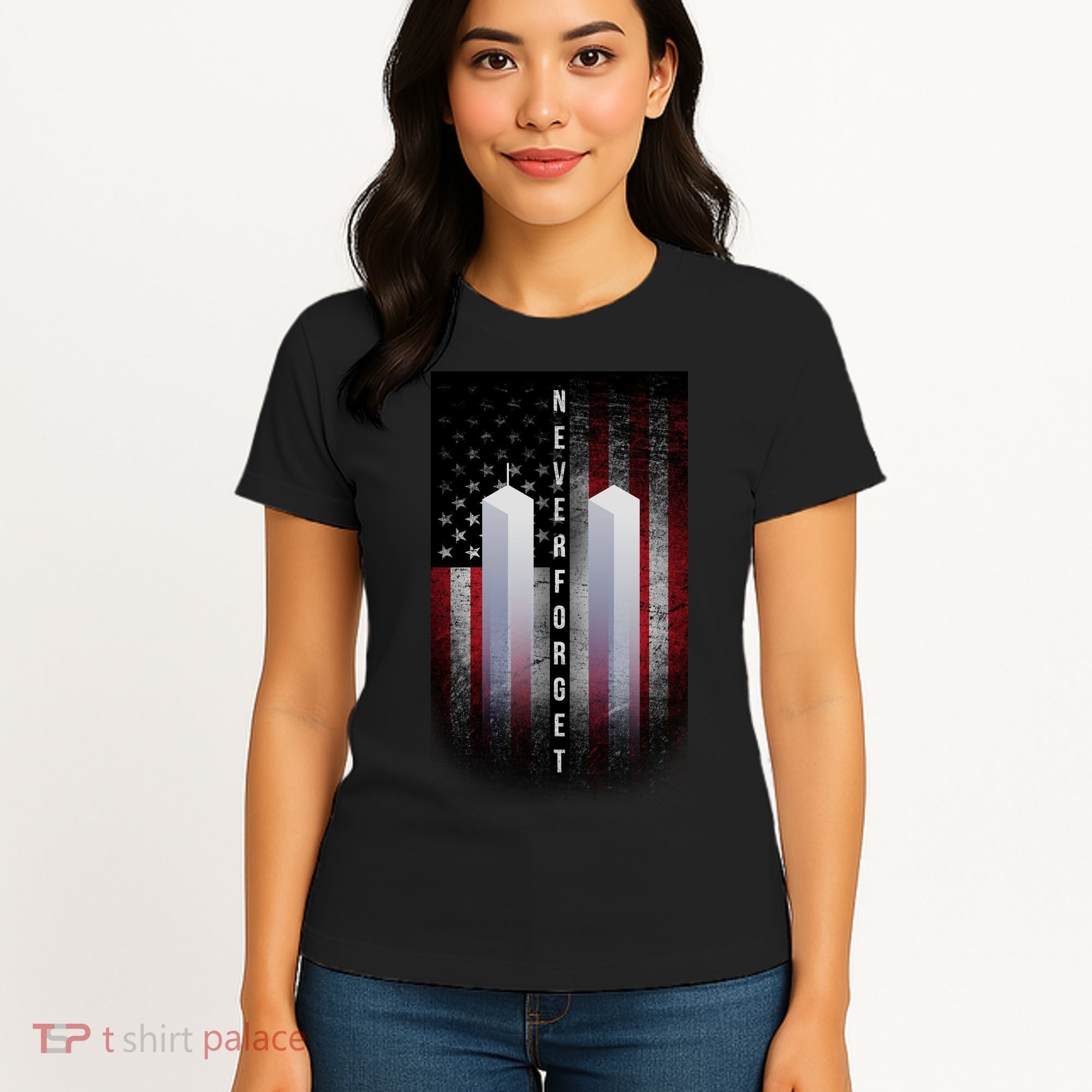 Never forget 9-11 Twin Towers American Flag Women's T-Shirt