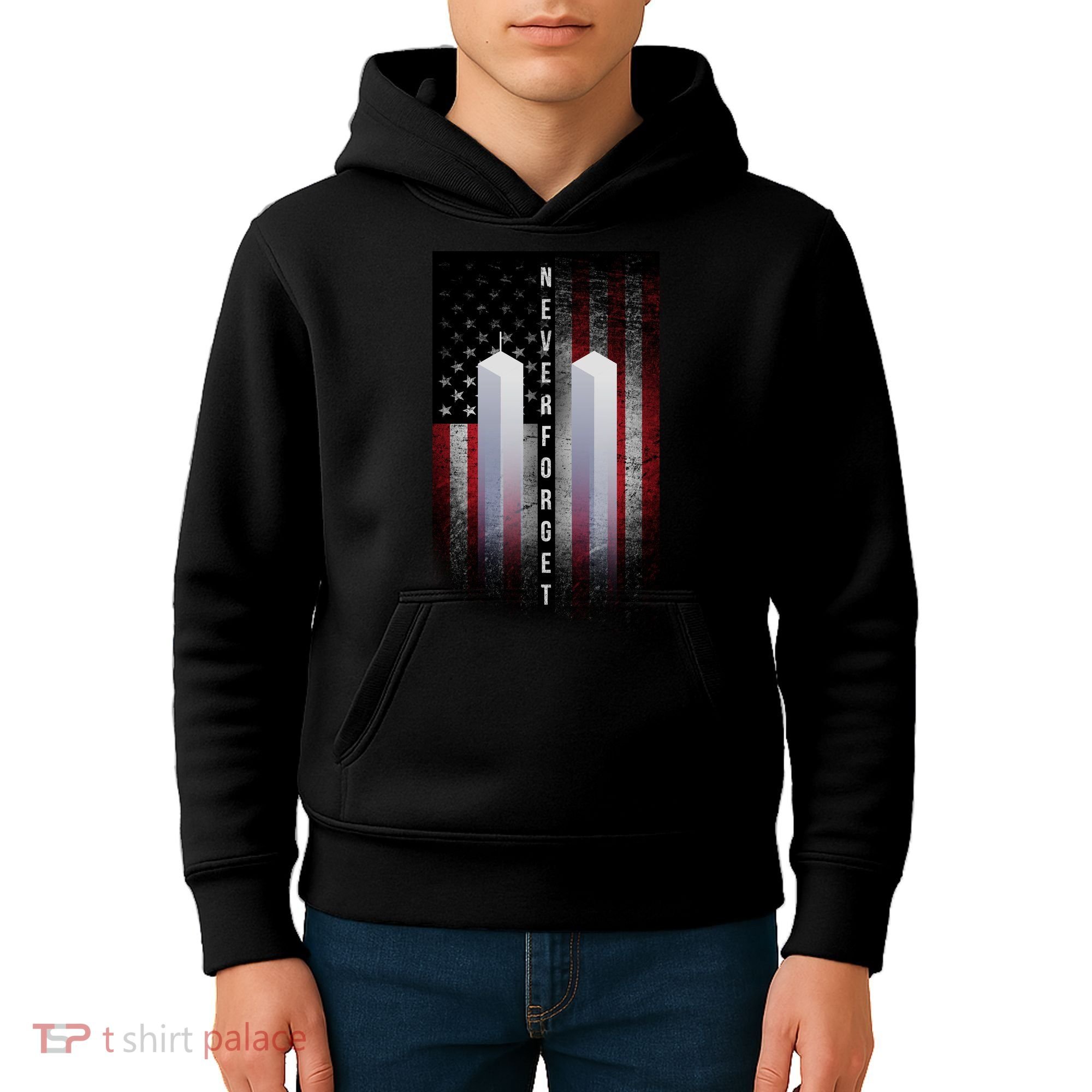 Never forget 9-11 Twin Towers American Flag Kids Hoodie