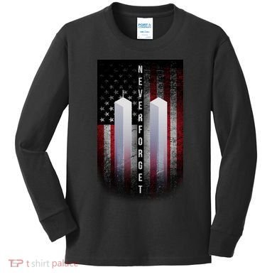 Never forget 9-11 Twin Towers American Flag Kids Long Sleeve Shirt