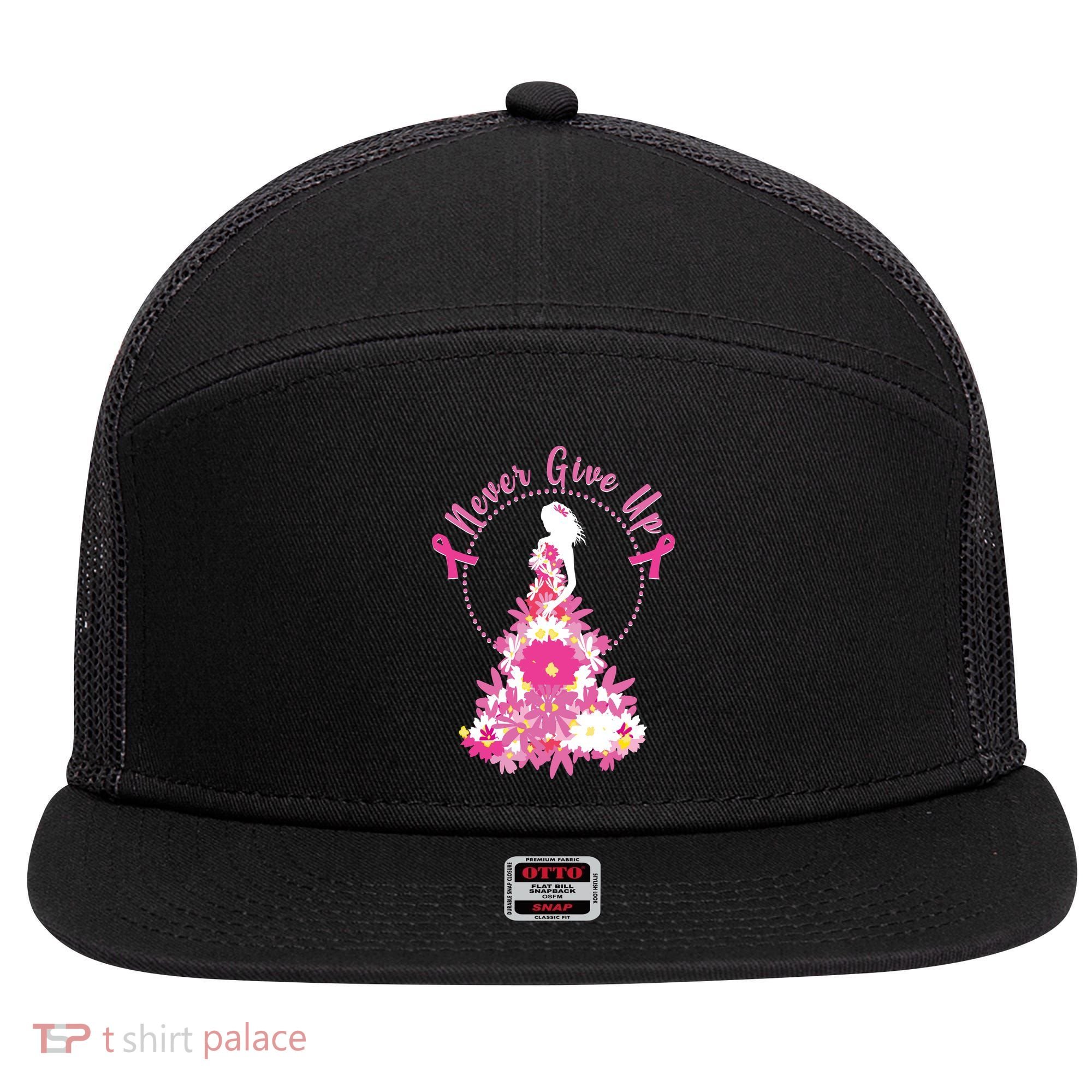 Never Give Up Breast Cancer Awareness Floral 7 Panel Mesh Trucker Snapback Hat