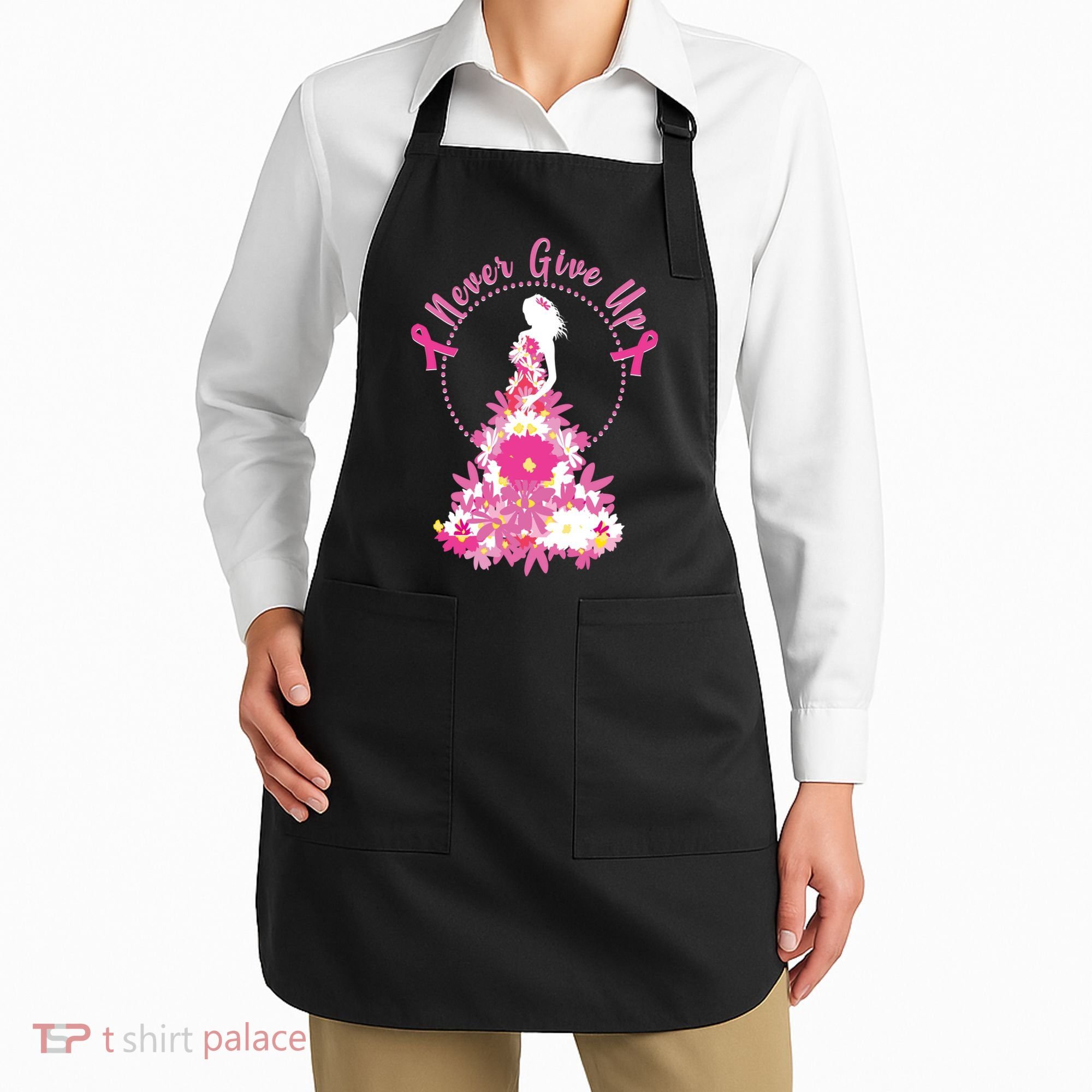 Never Give Up Breast Cancer Awareness Floral Apron