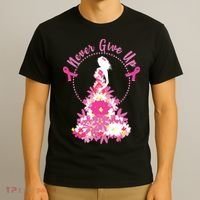 Never Give Up Breast Cancer Awareness Floral T-Shirt thumb 3