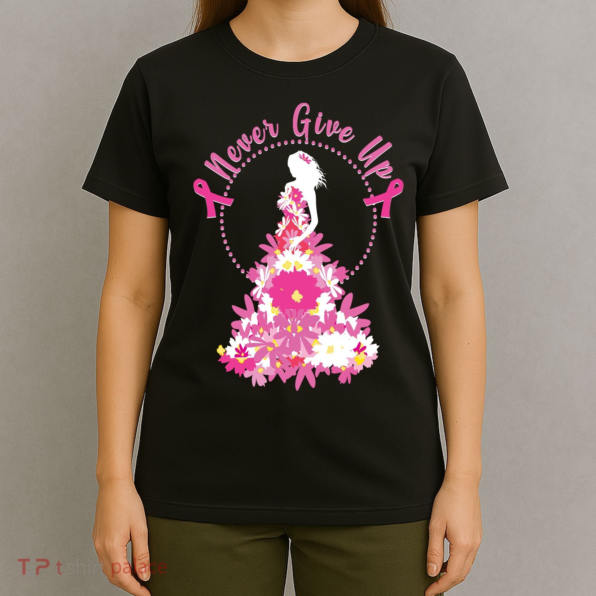 Never Give Up Breast Cancer Awareness Floral T-Shirt