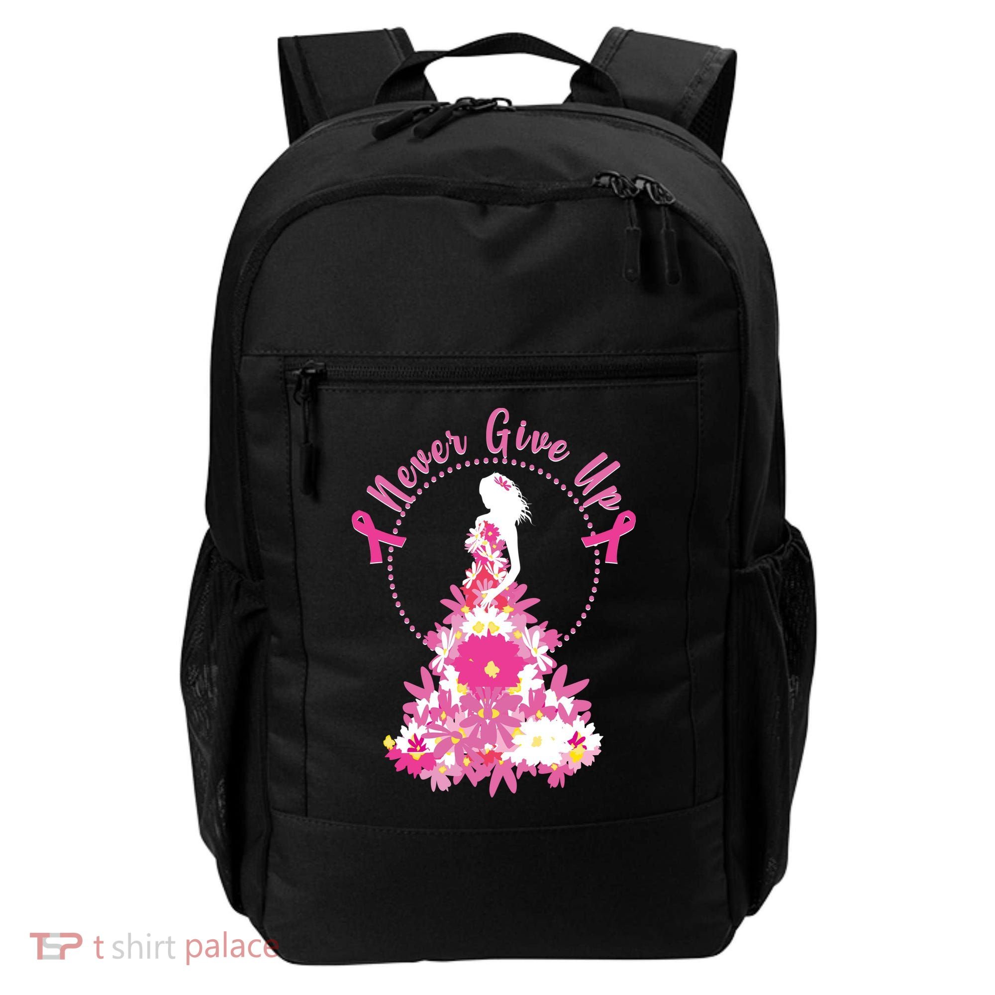 Never Give Up Breast Cancer Awareness Floral Backpack