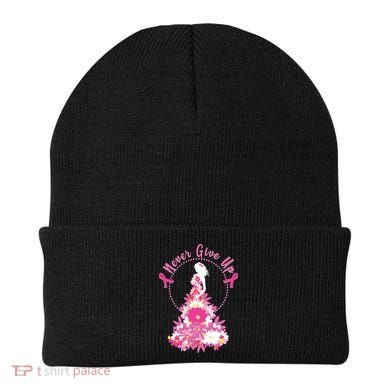 Never Give Up Breast Cancer Awareness Floral Beanie