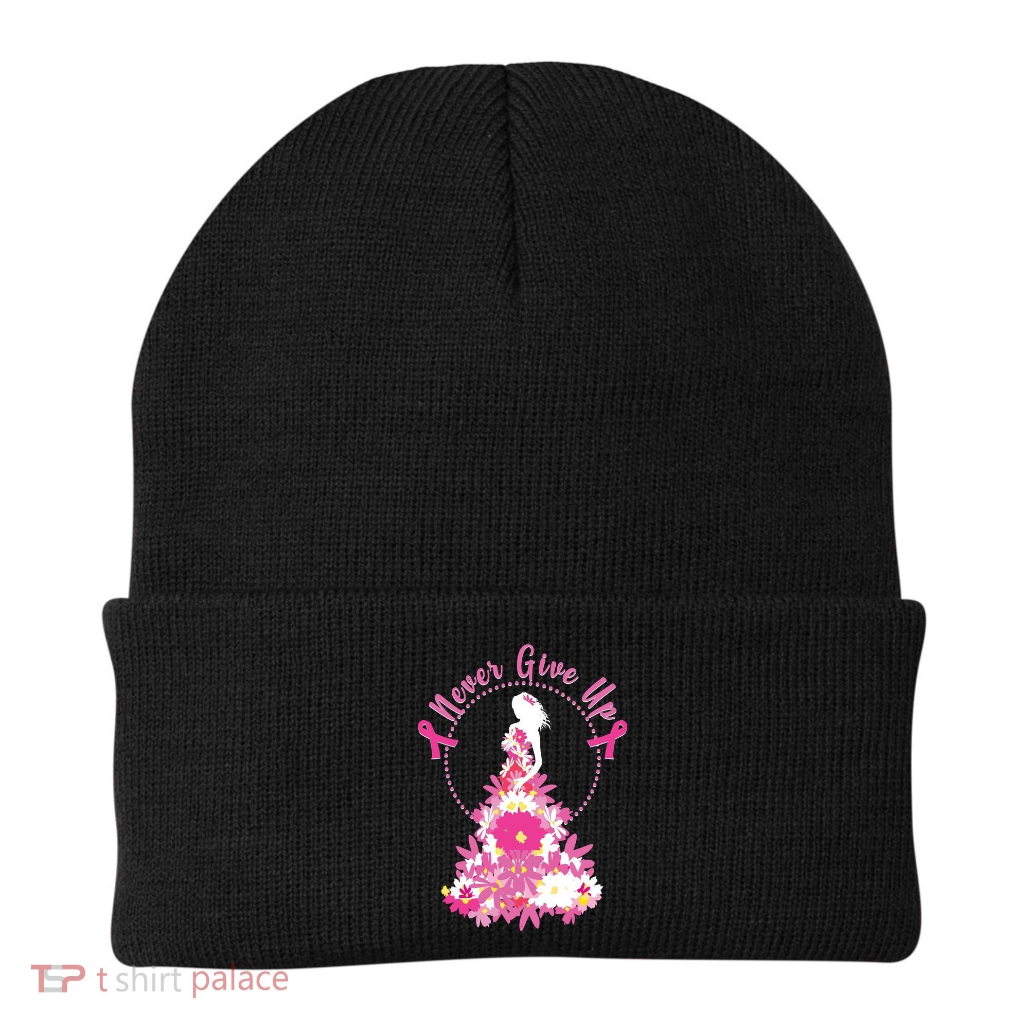 Never Give Up Breast Cancer Awareness Floral Beanie