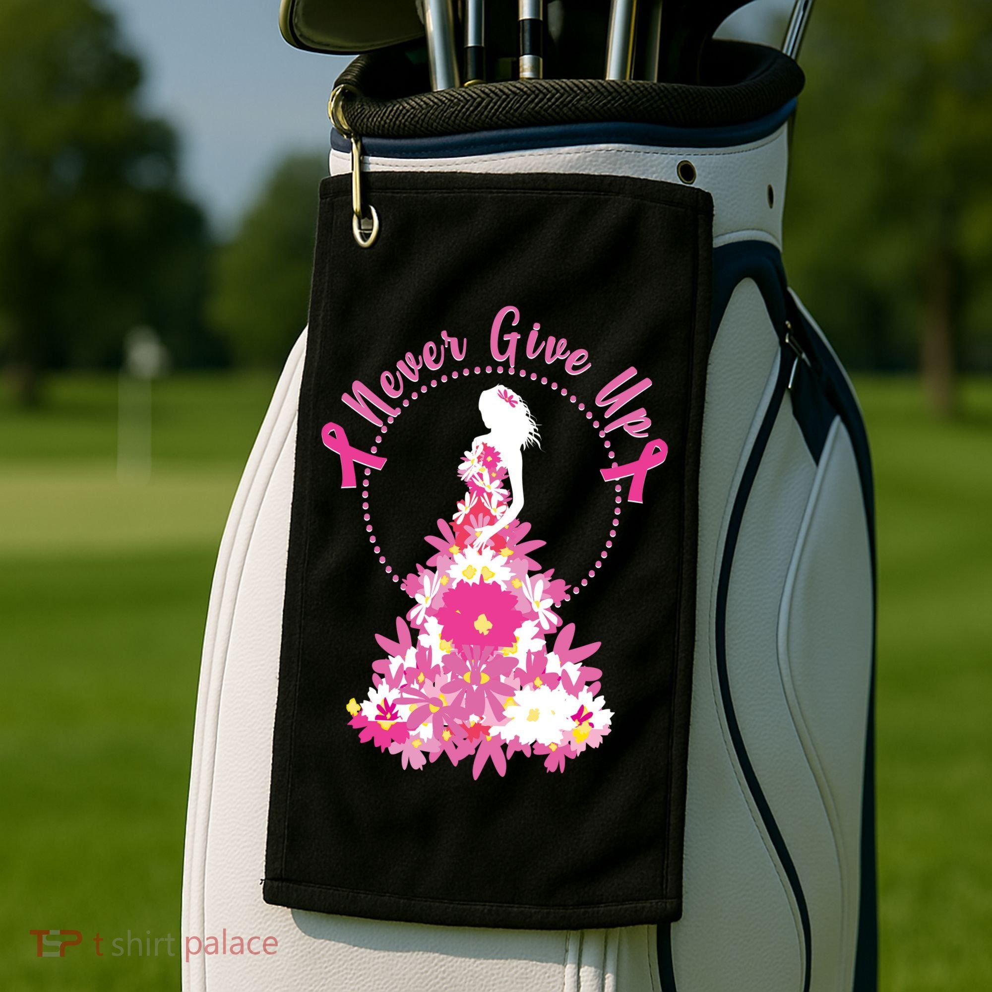 Never Give Up Breast Cancer Awareness Floral Golf Towel