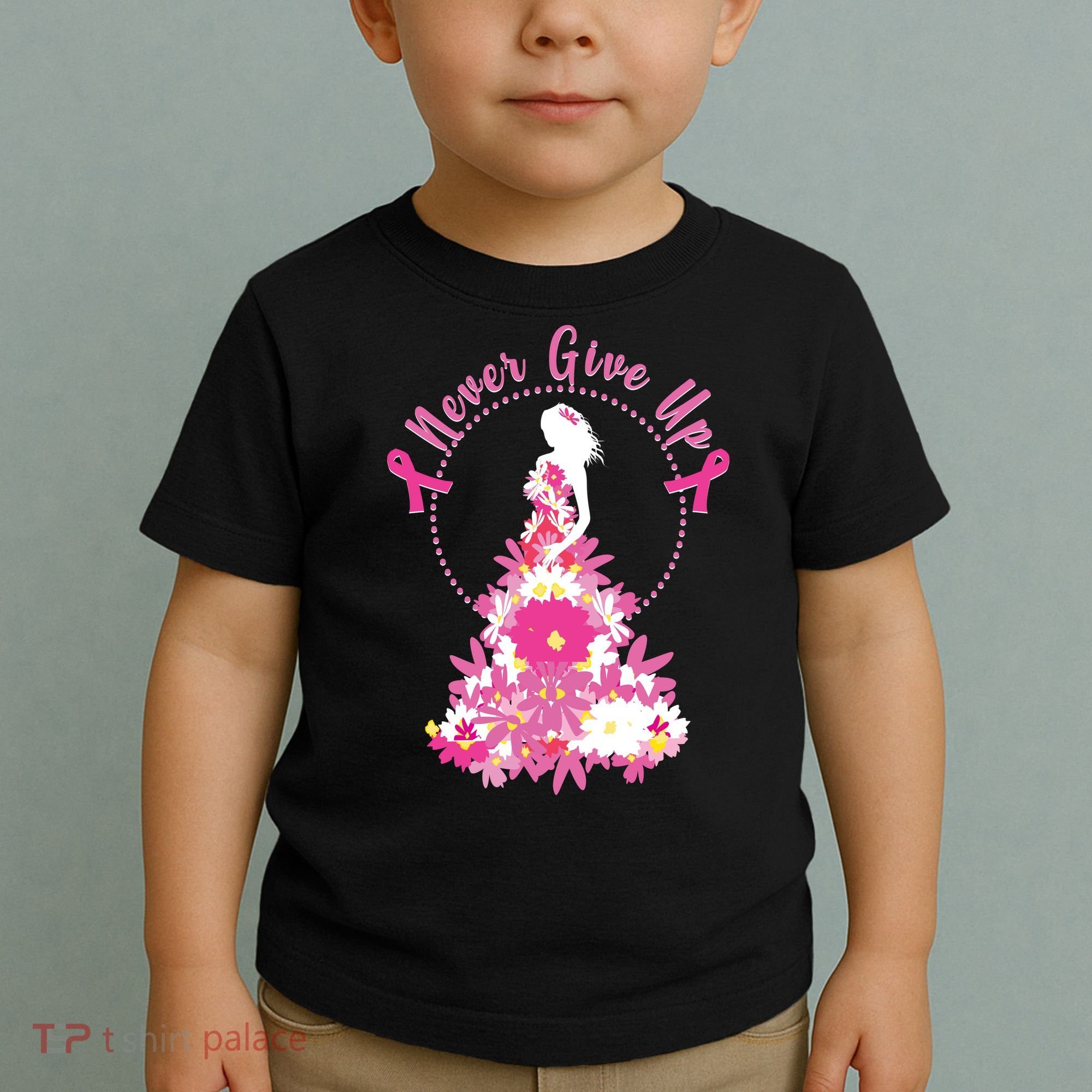 Never Give Up Breast Cancer Awareness Floral Toddler T-Shirt