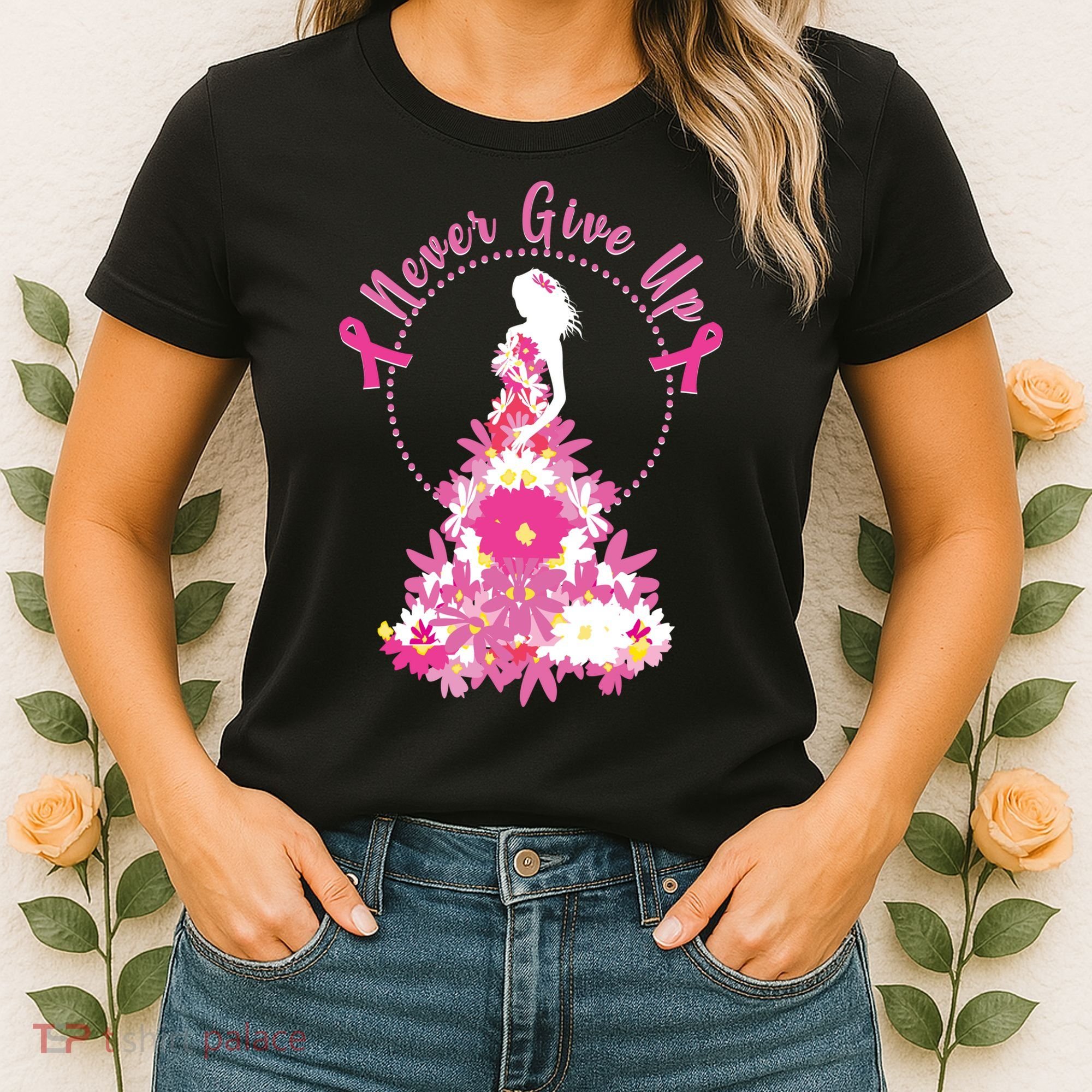 Never Give Up Breast Cancer Awareness Floral Women's T-Shirt