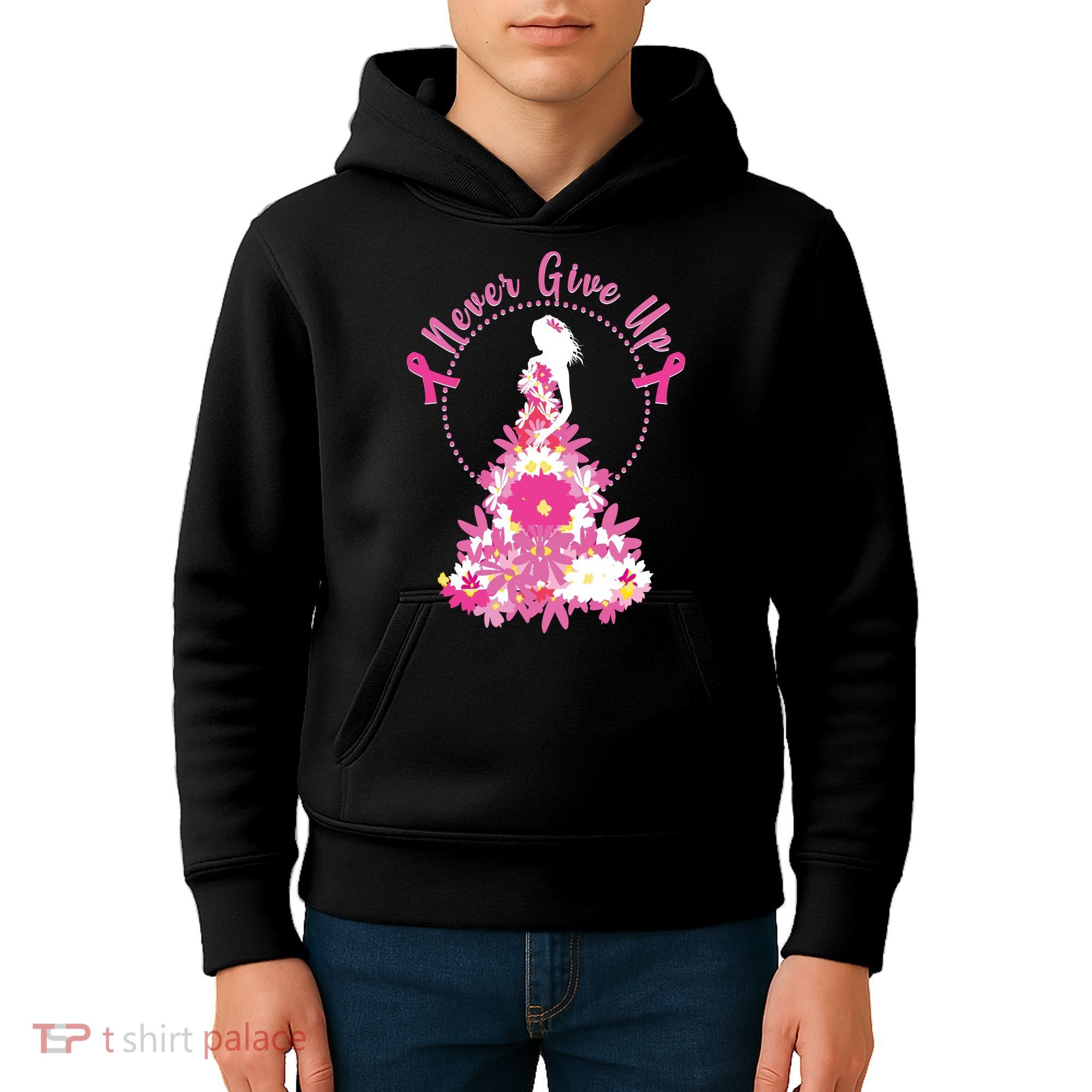 Never Give Up Breast Cancer Awareness Floral Kids Hoodie