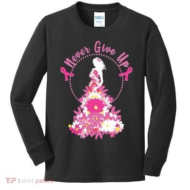 Never Give Up Breast Cancer Awareness Floral Kids Long Sleeve Shirt