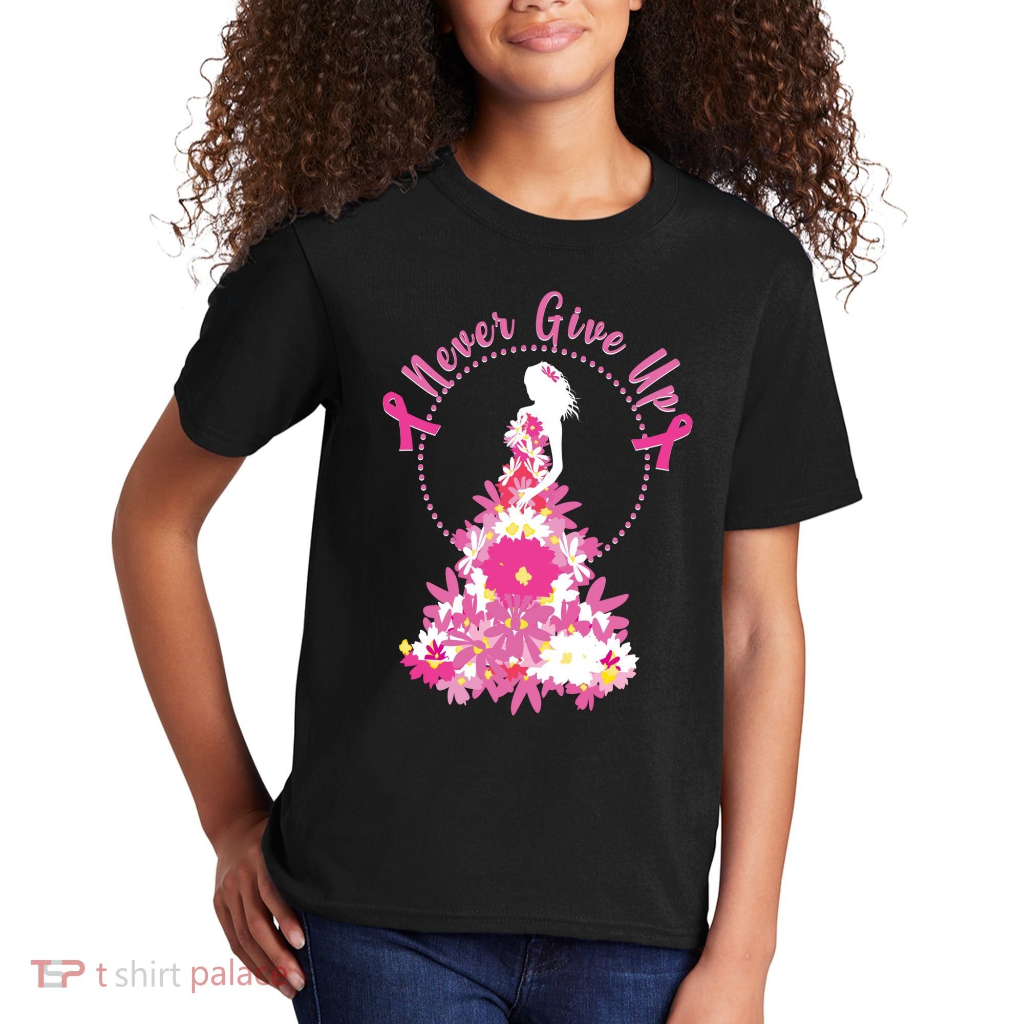Never Give Up Breast Cancer Awareness Floral Kids T-Shirt