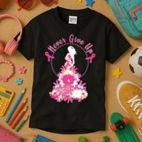 Never Give Up Breast Cancer Awareness Floral Kids T-Shirt thumb 3