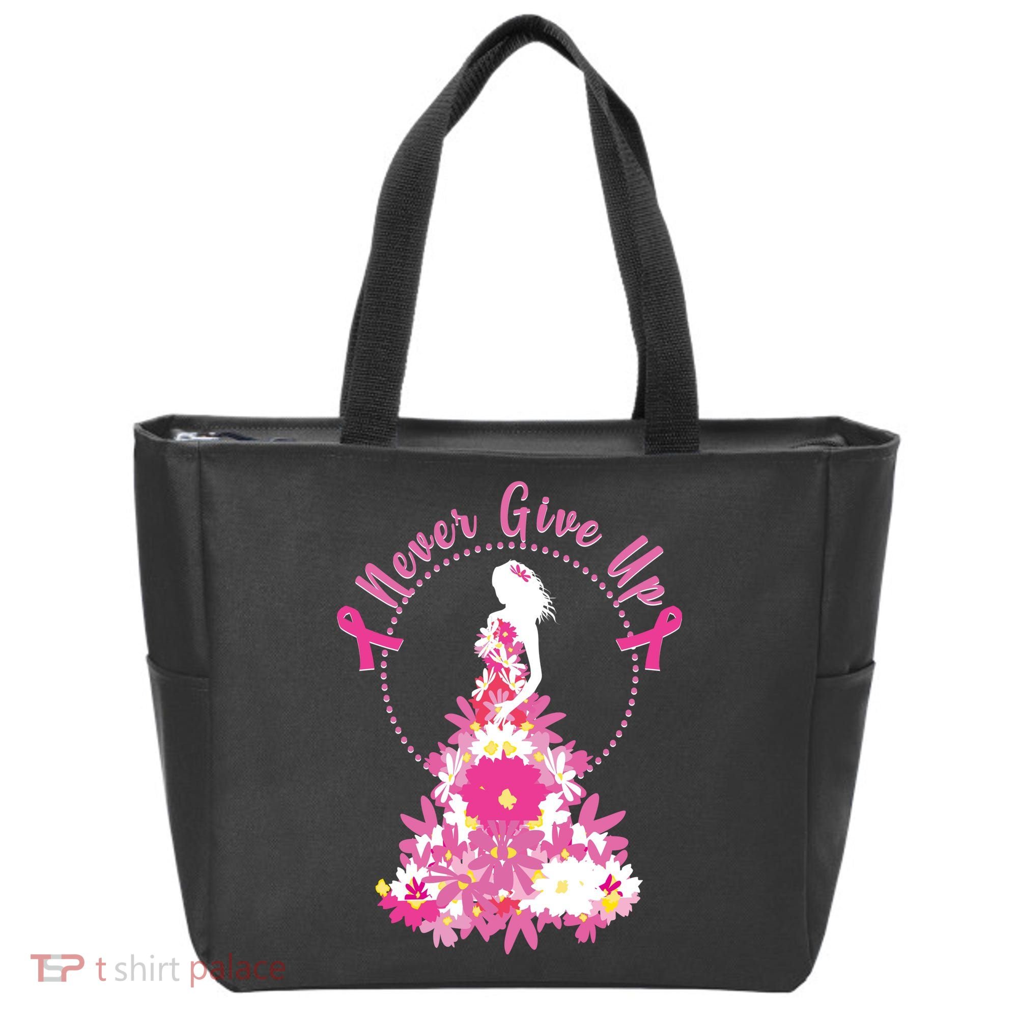 Never Give Up Breast Cancer Awareness Floral Tote Bag